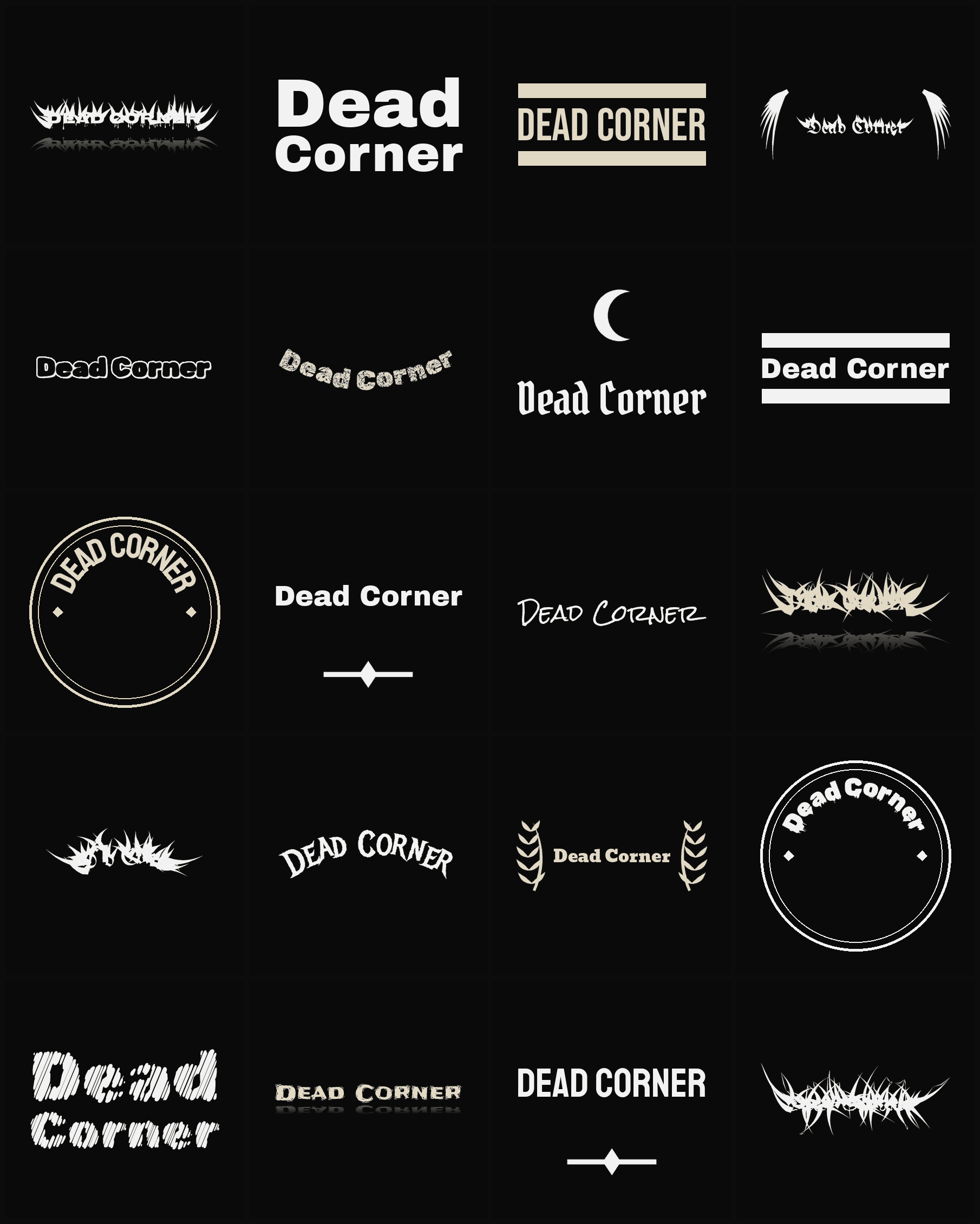 Twenty Dead Corner band logo ideas — different faces, treatments and spike settings
