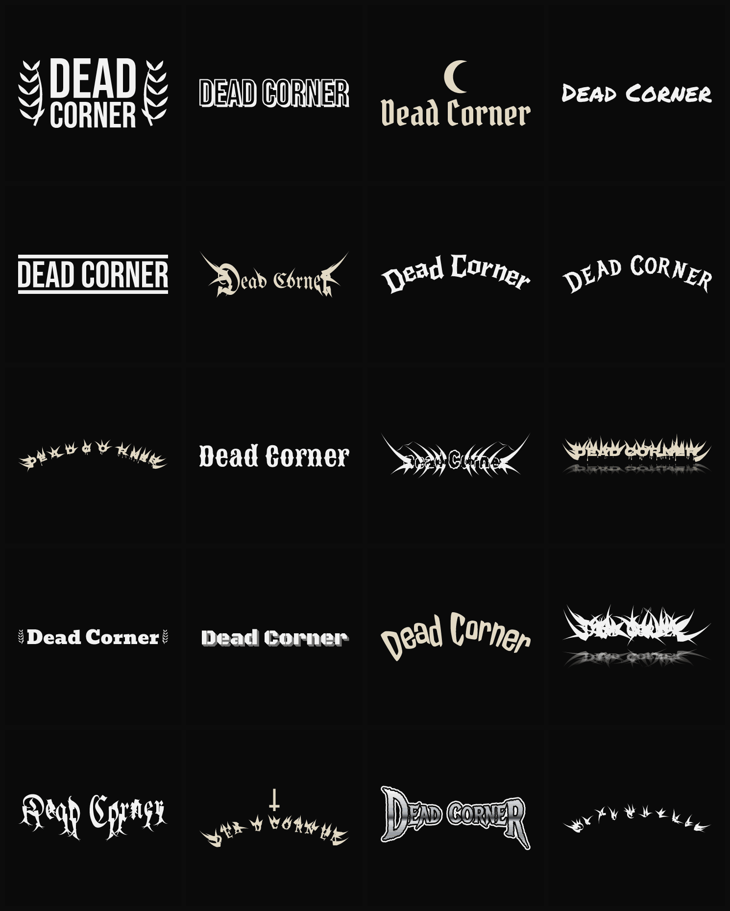 Twenty Dead Corner band logo ideas — different faces, treatments and spike settings