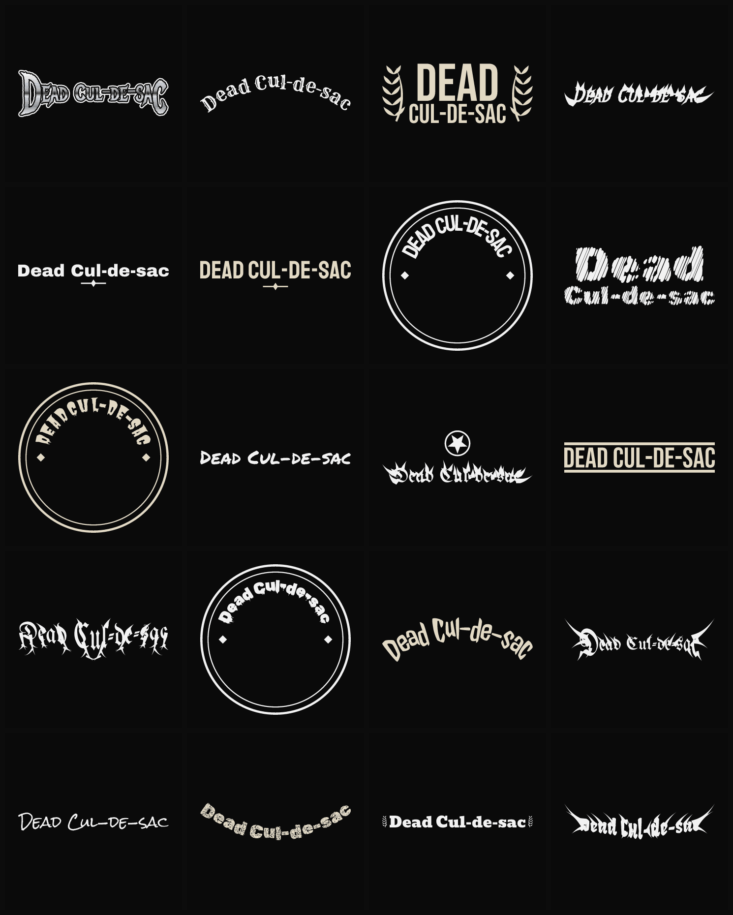 Twenty Dead Cul-de-sac band logo ideas — different faces, treatments and spike settings
