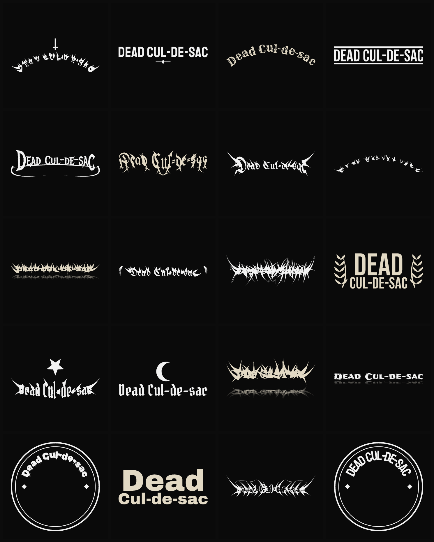 Twenty Dead Cul-de-sac band logo ideas — different faces, treatments and spike settings