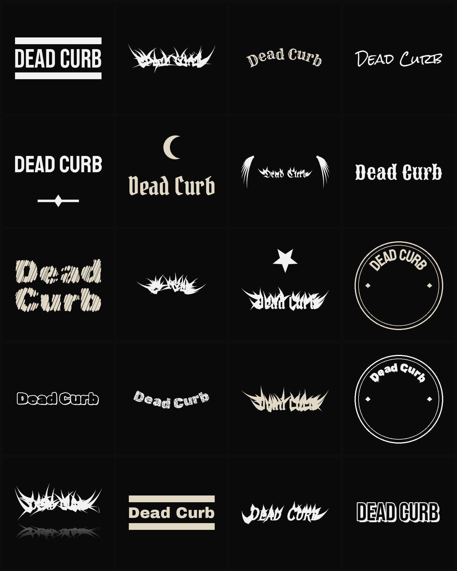 Twenty Dead Curb band logo ideas — different faces, treatments and spike settings