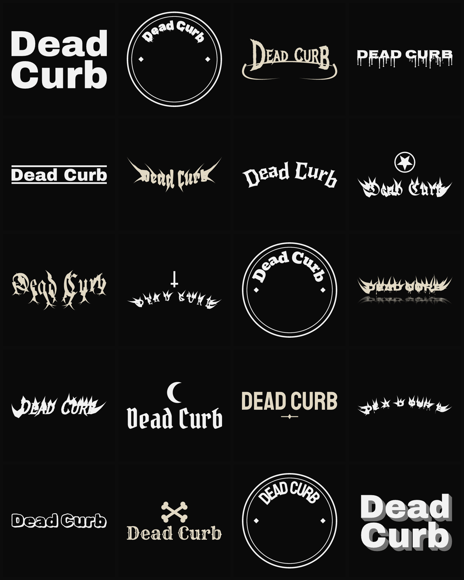 Twenty Dead Curb band logo ideas — different faces, treatments and spike settings