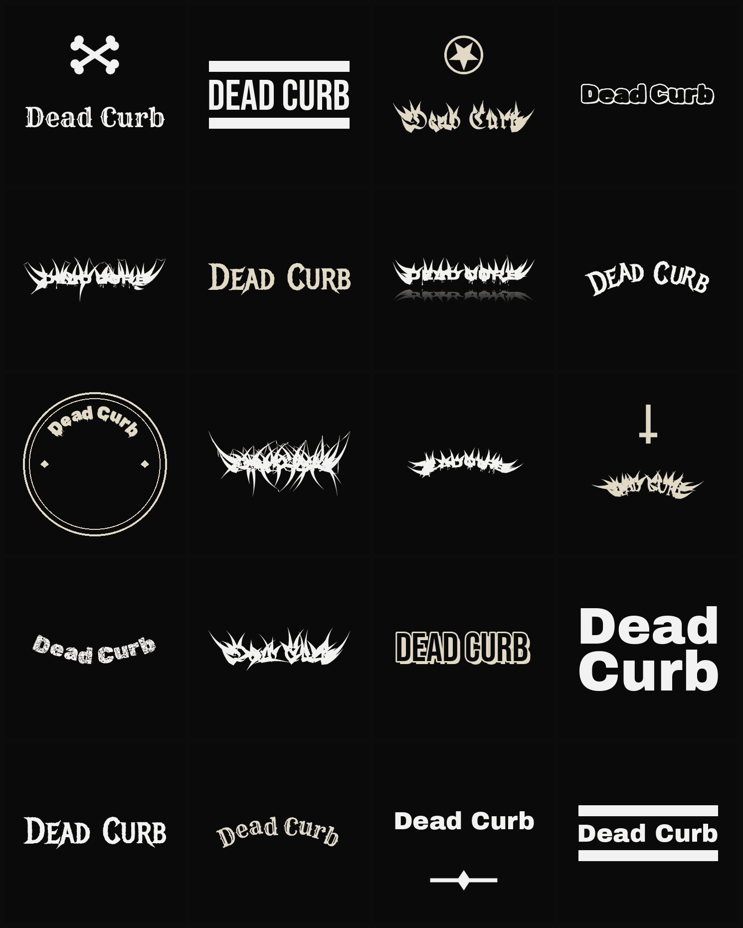 Twenty Dead Curb band logo ideas — different faces, treatments and spike settings
