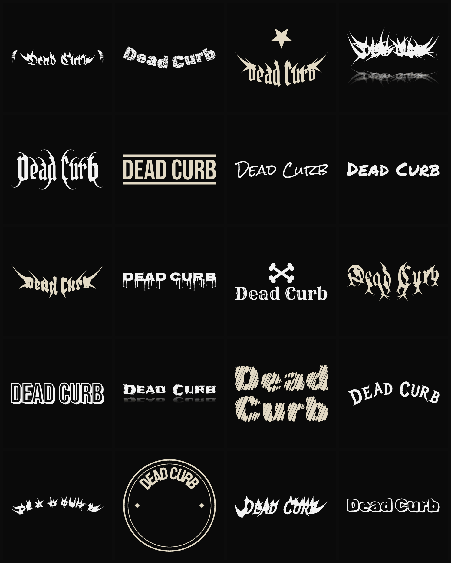Twenty Dead Curb band logo ideas — different faces, treatments and spike settings