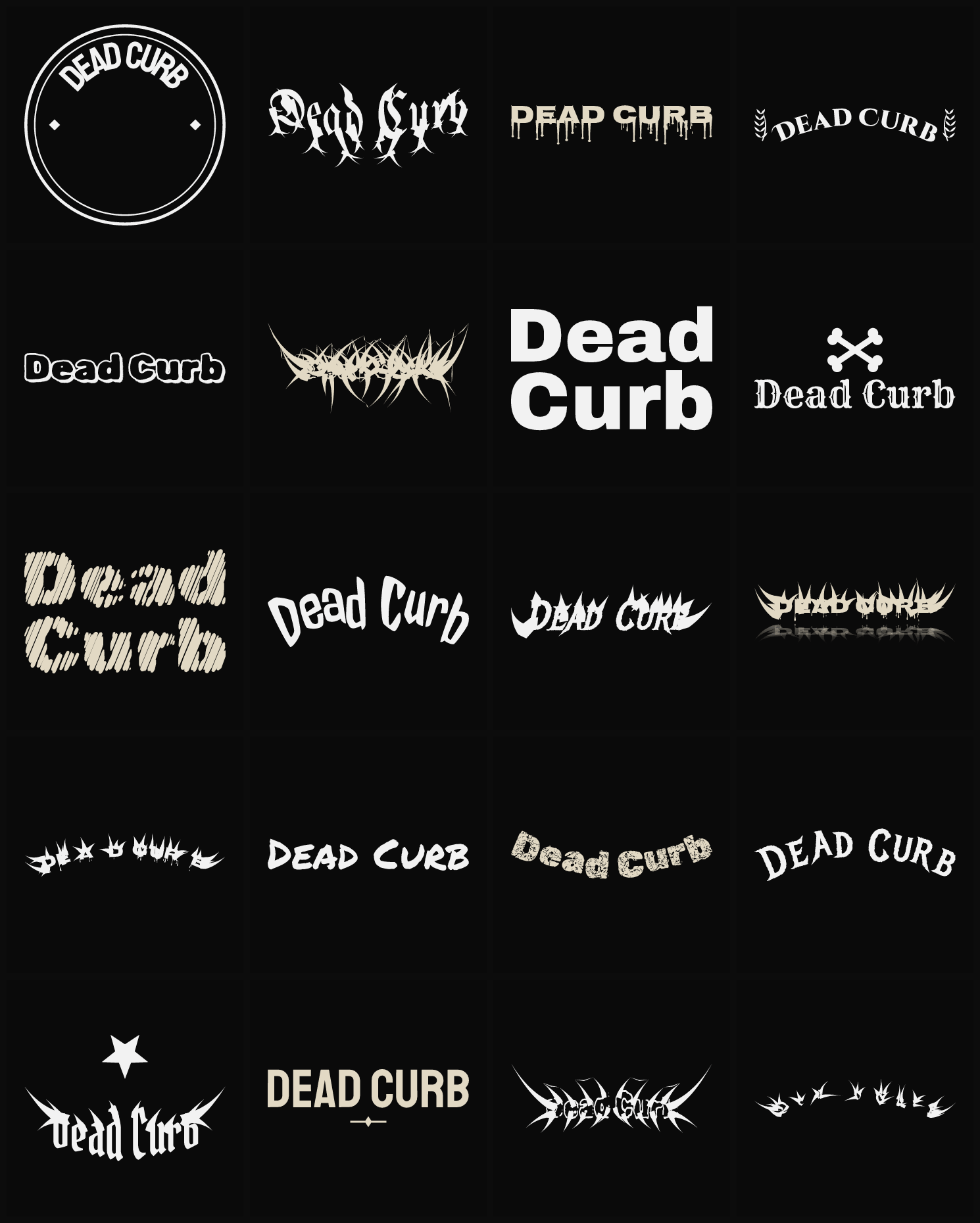 Twenty Dead Curb band logo ideas — different faces, treatments and spike settings