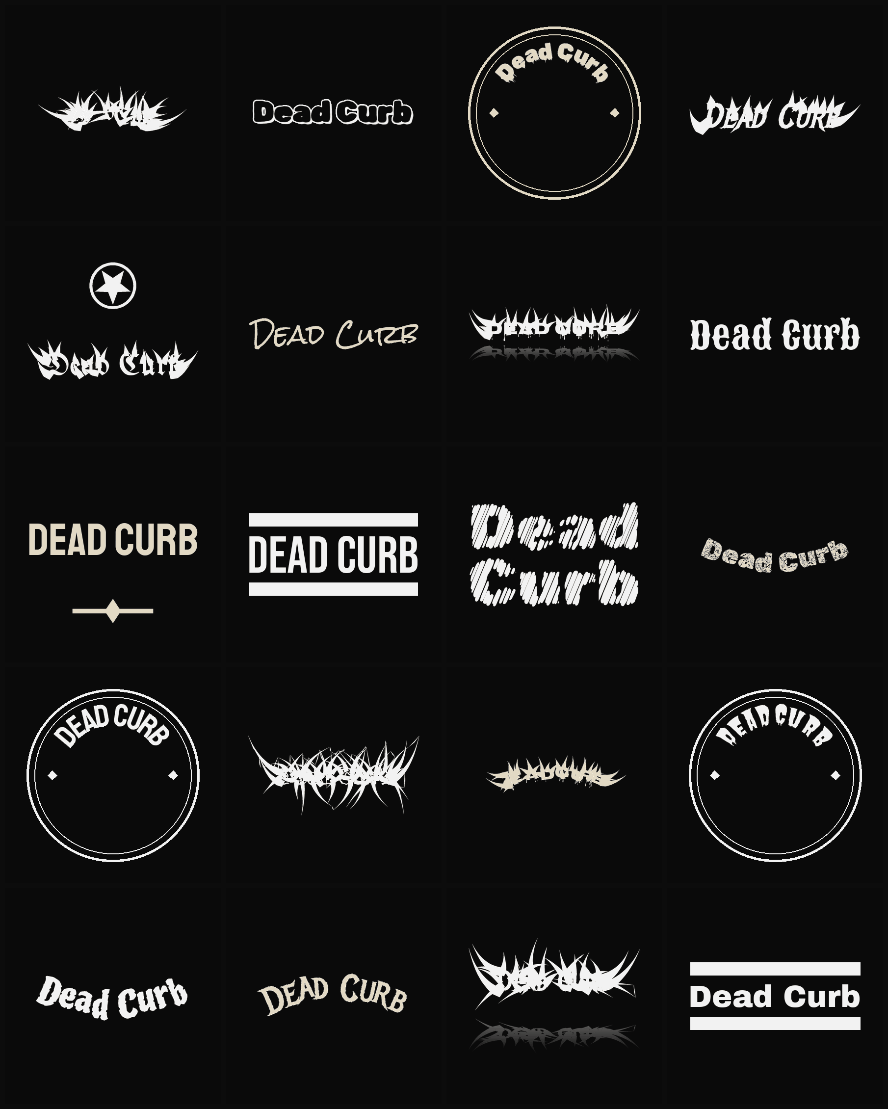 Twenty Dead Curb band logo ideas — different faces, treatments and spike settings