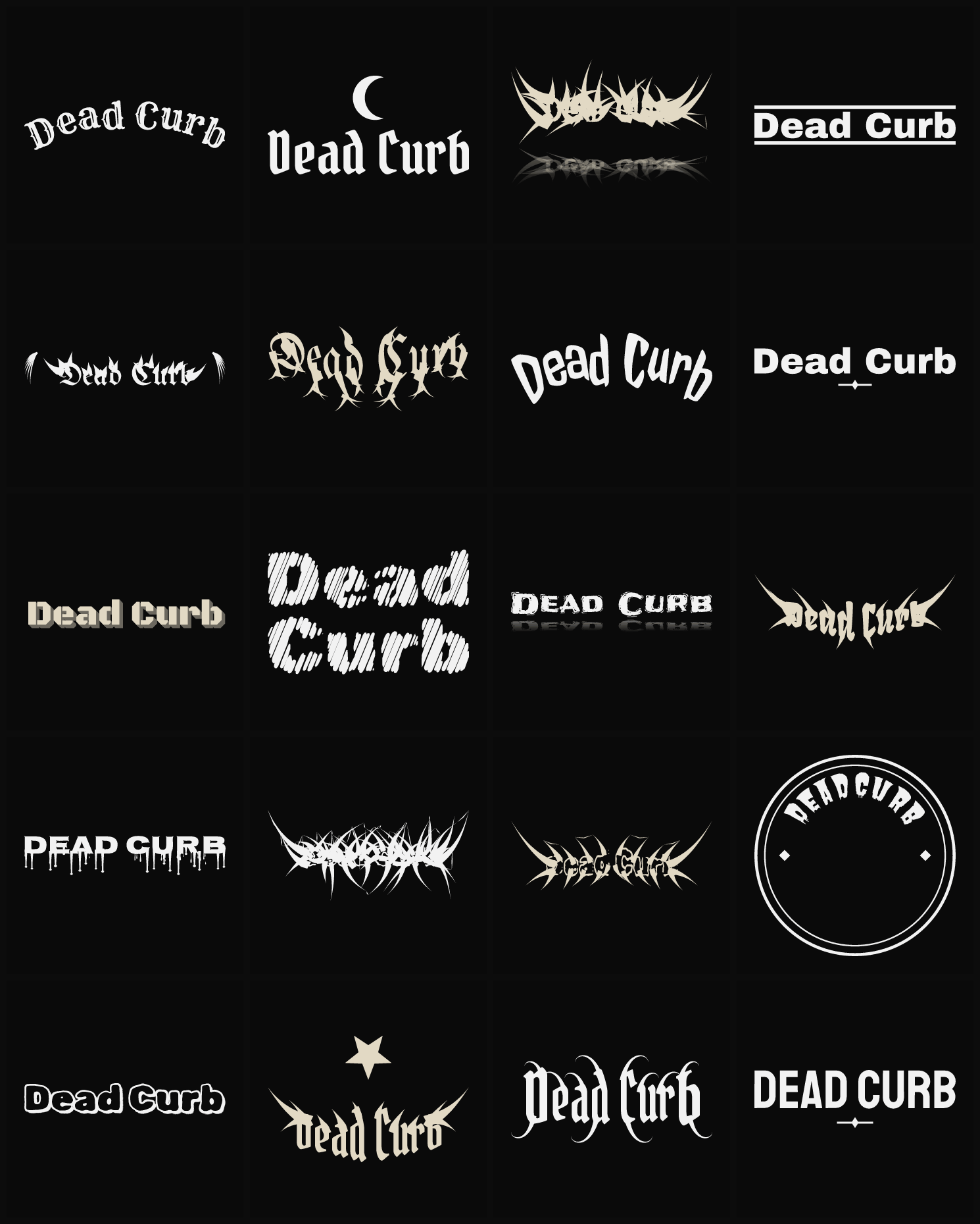 Twenty Dead Curb band logo ideas — different faces, treatments and spike settings