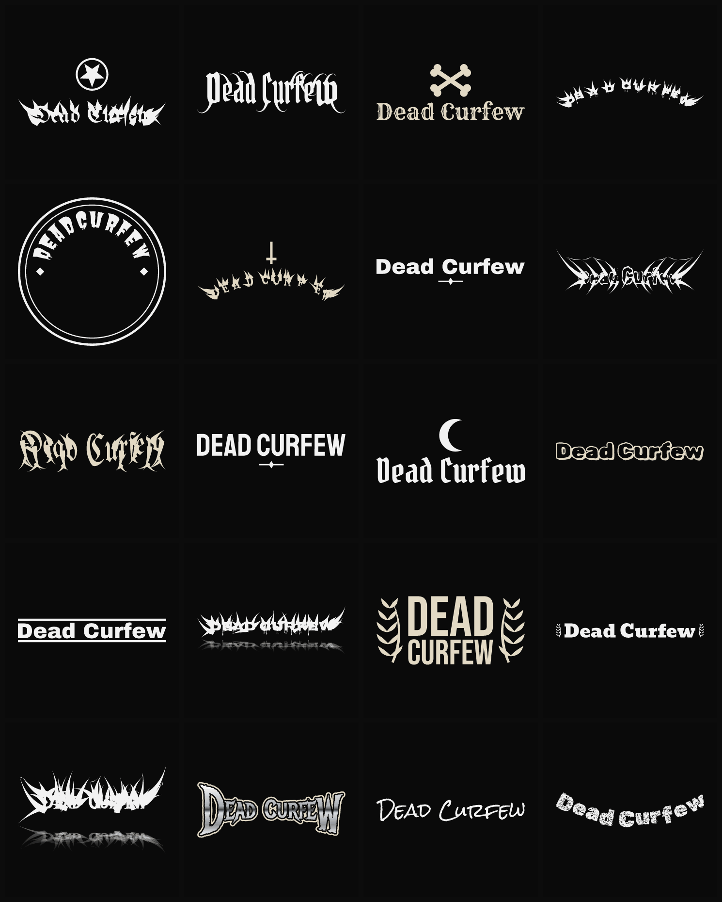 Twenty Dead Curfew band logo ideas — different faces, treatments and spike settings