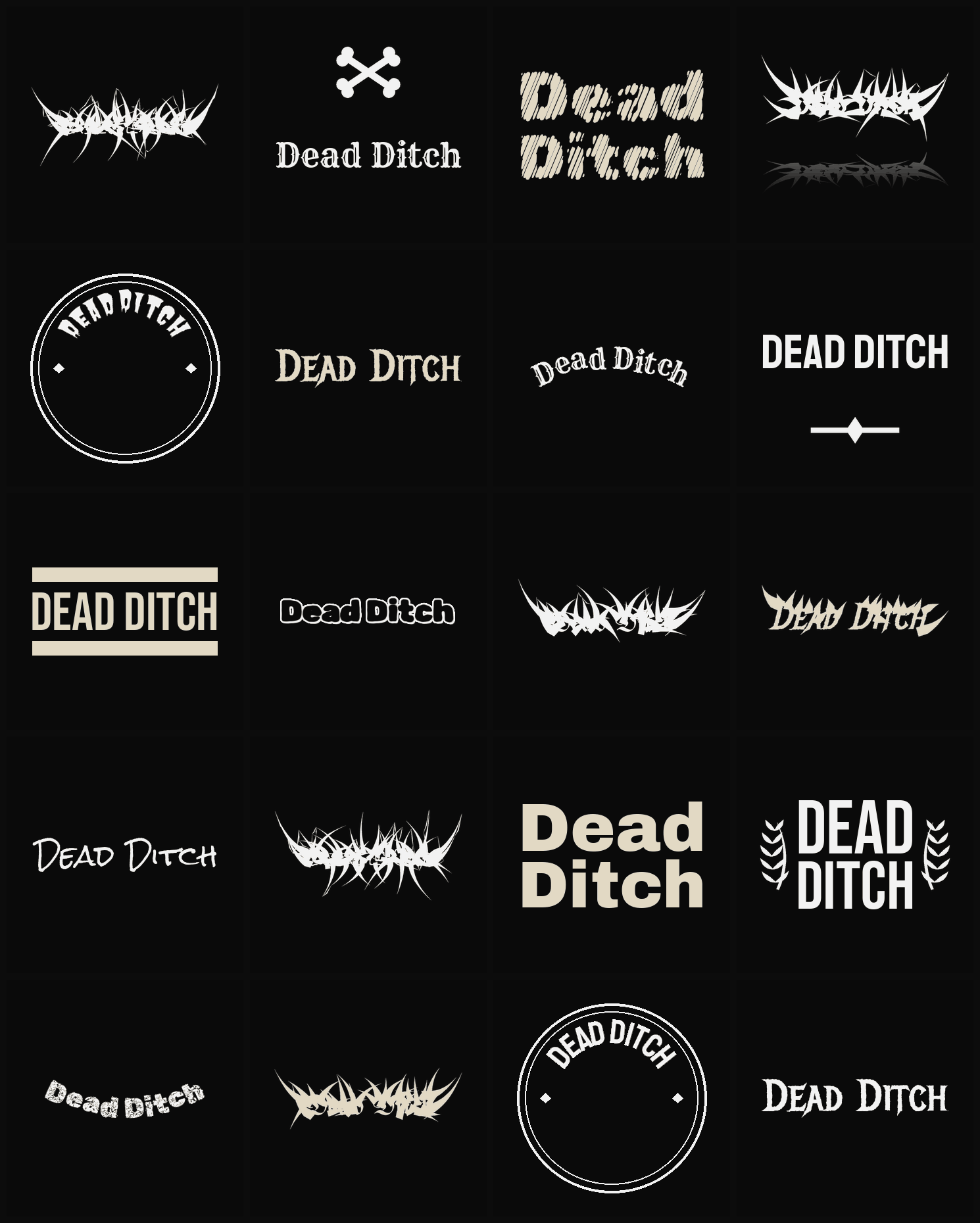 Twenty Dead Ditch band logo ideas — different faces, treatments and spike settings