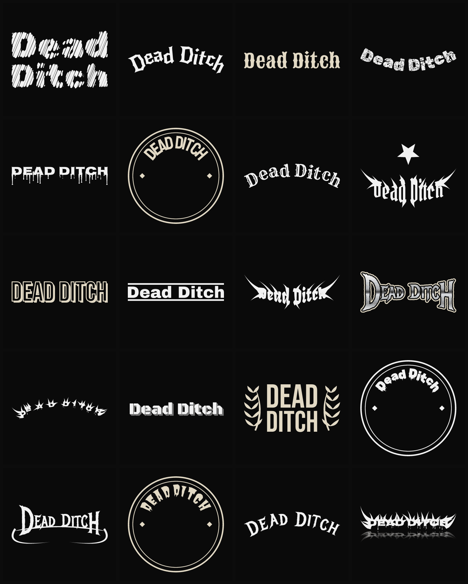 Twenty Dead Ditch band logo ideas — different faces, treatments and spike settings