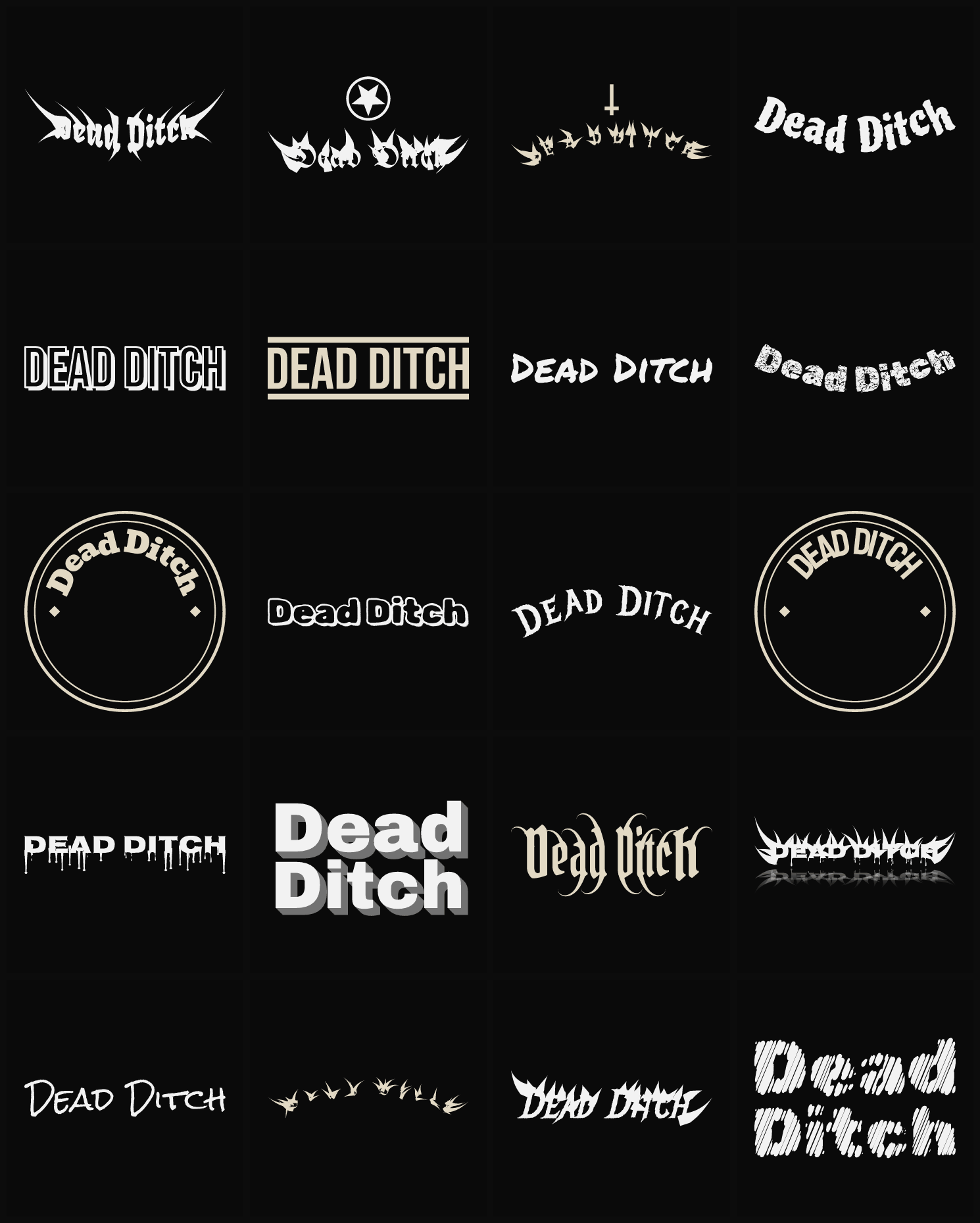 Twenty Dead Ditch band logo ideas — different faces, treatments and spike settings