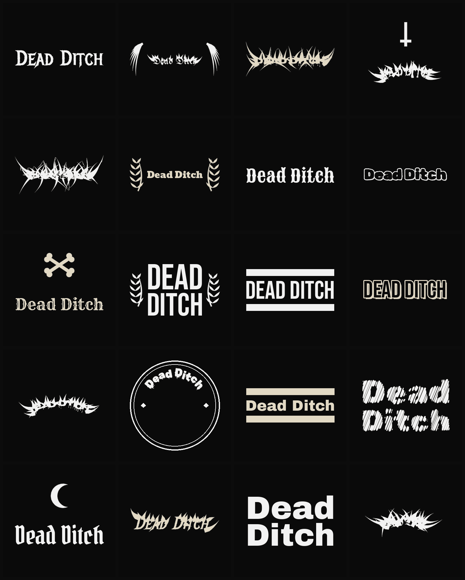 Twenty Dead Ditch band logo ideas — different faces, treatments and spike settings