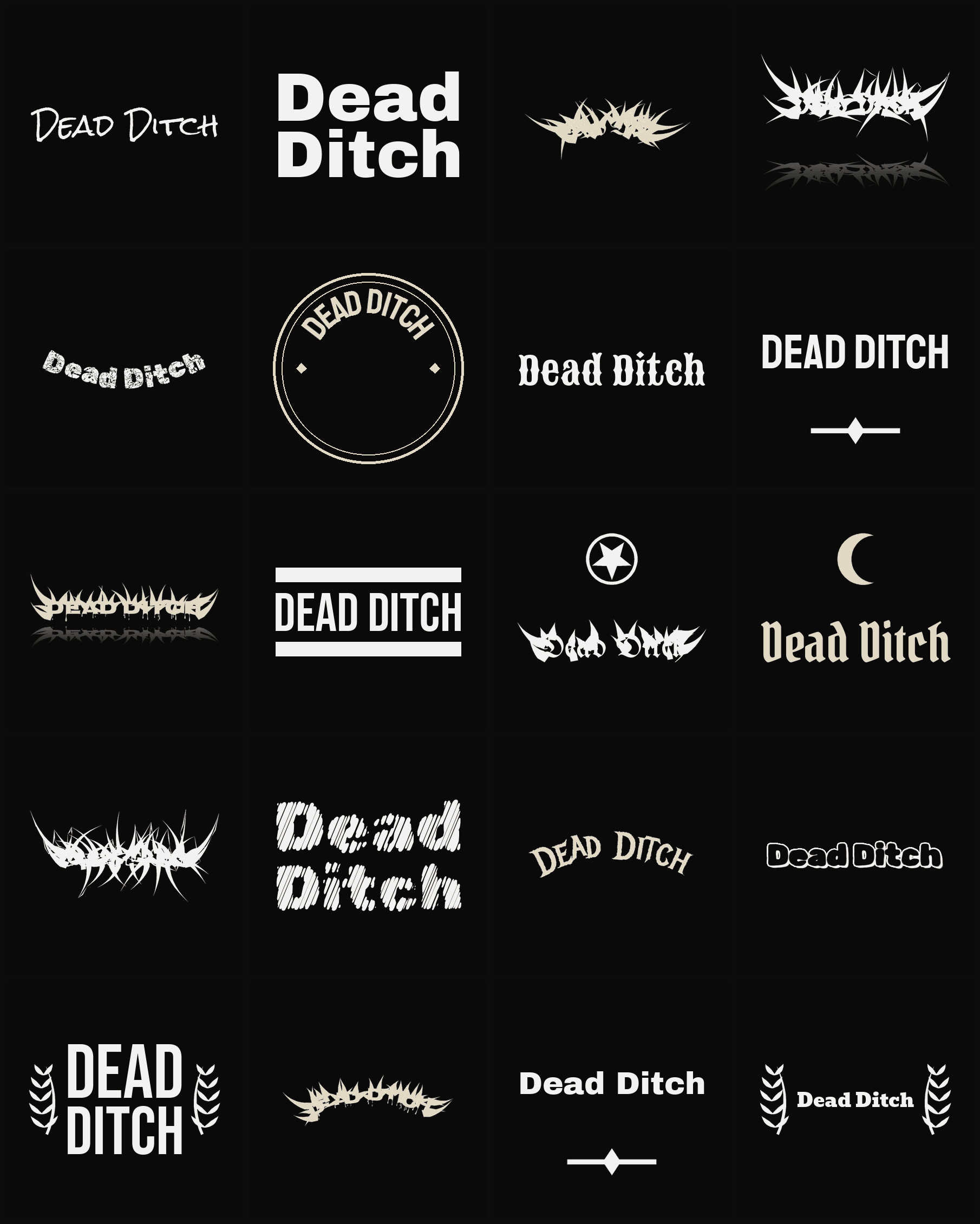 Twenty Dead Ditch band logo ideas — different faces, treatments and spike settings