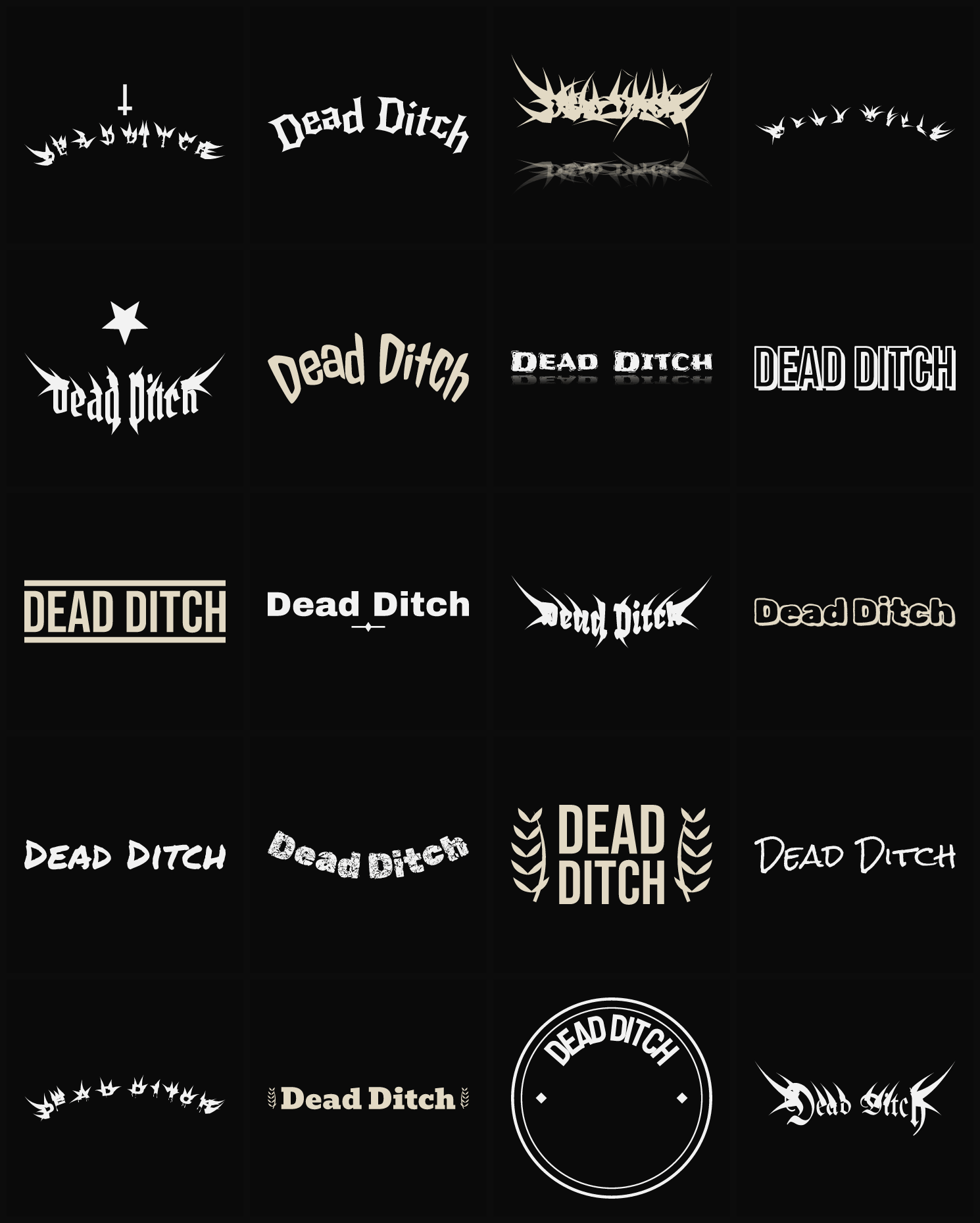 Twenty Dead Ditch band logo ideas — different faces, treatments and spike settings