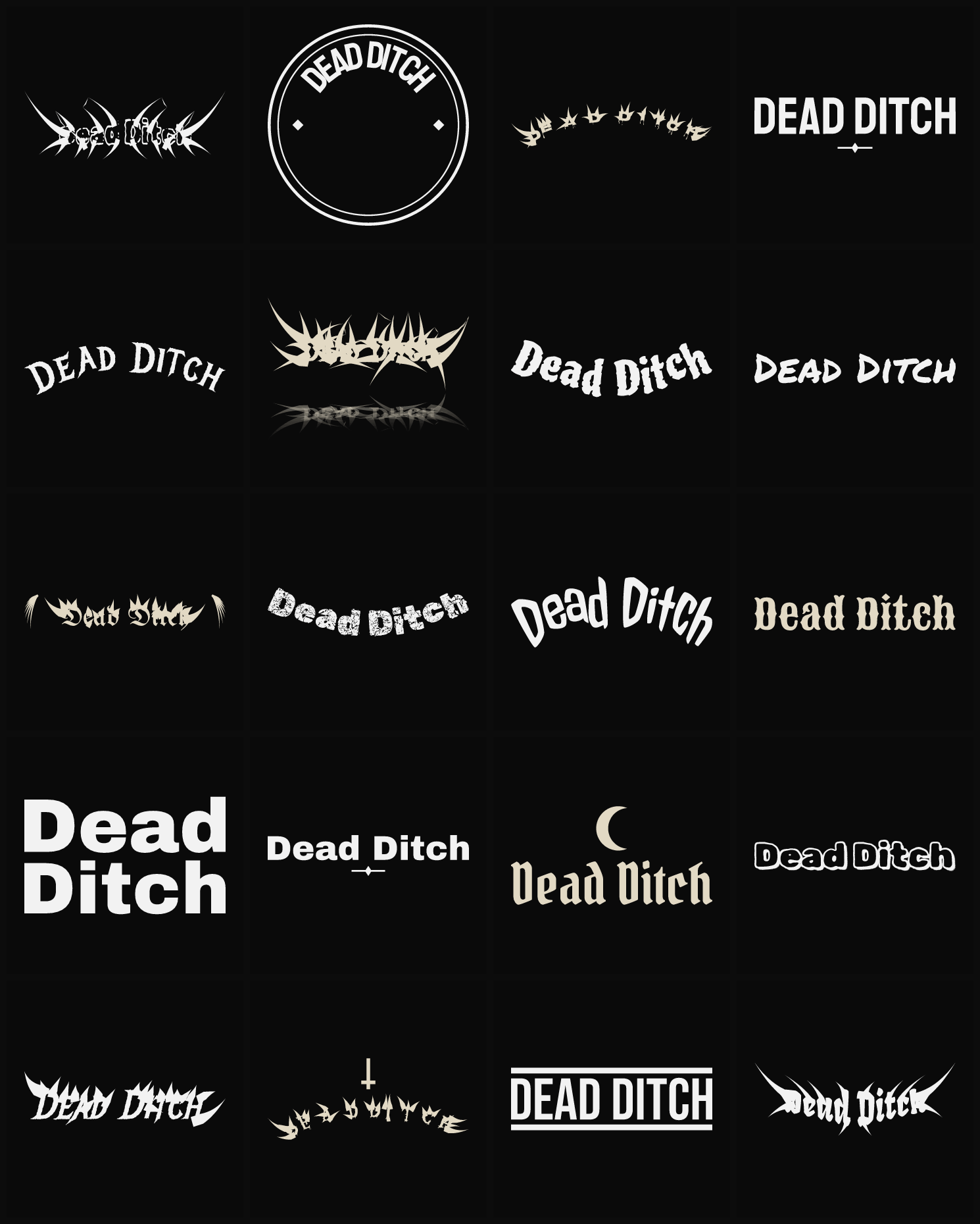 Twenty Dead Ditch band logo ideas — different faces, treatments and spike settings
