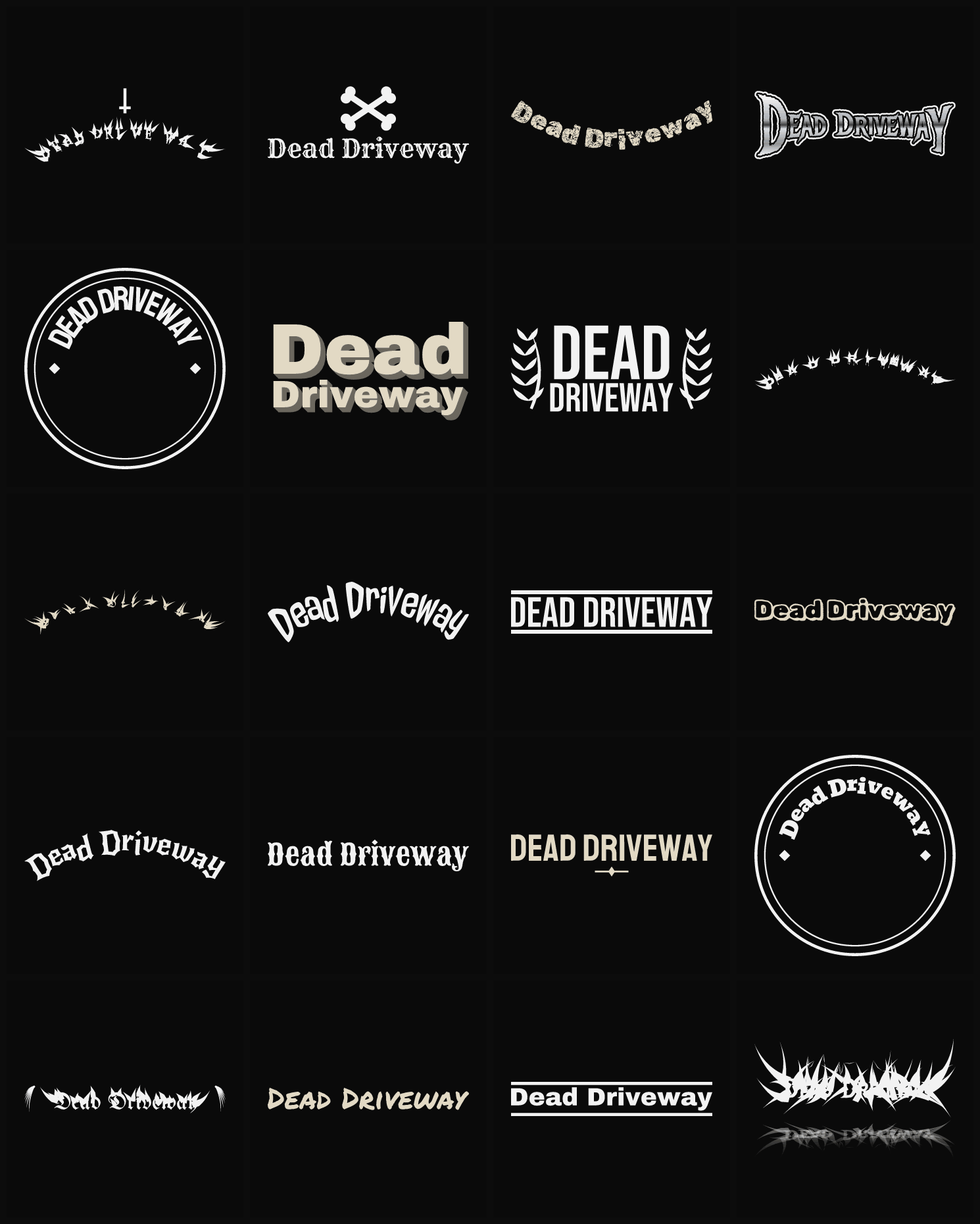 Twenty Dead Driveway band logo ideas — different faces, treatments and spike settings