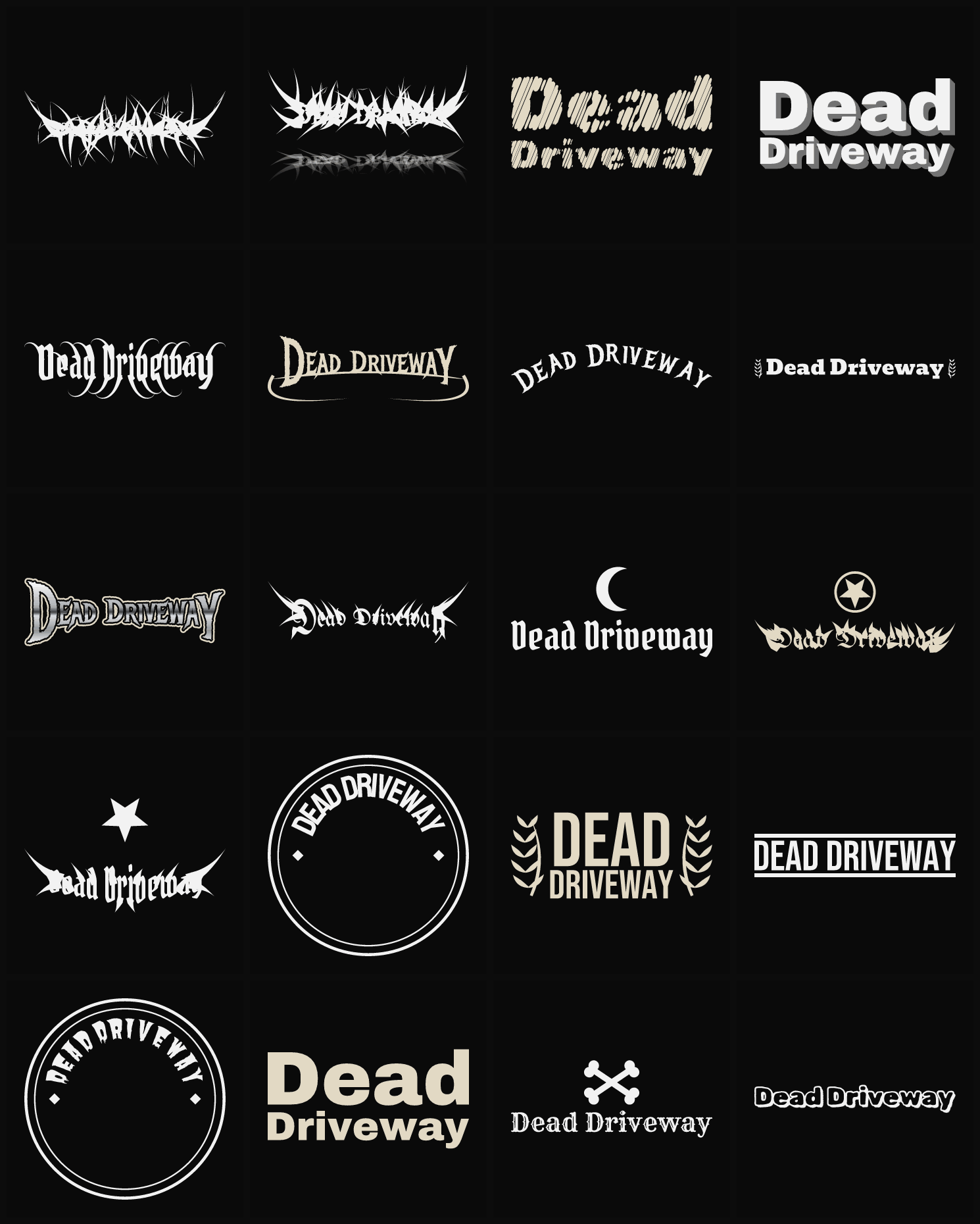 Twenty Dead Driveway band logo ideas — different faces, treatments and spike settings