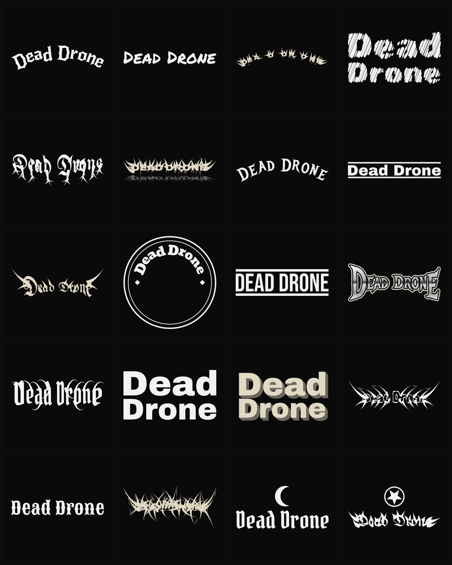 Twenty Dead Drone band logo ideas — different faces, treatments and spike settings