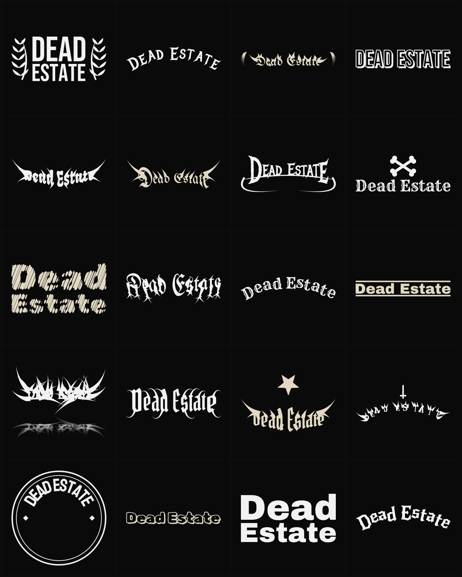Twenty Dead Estate band logo ideas — different faces, treatments and spike settings