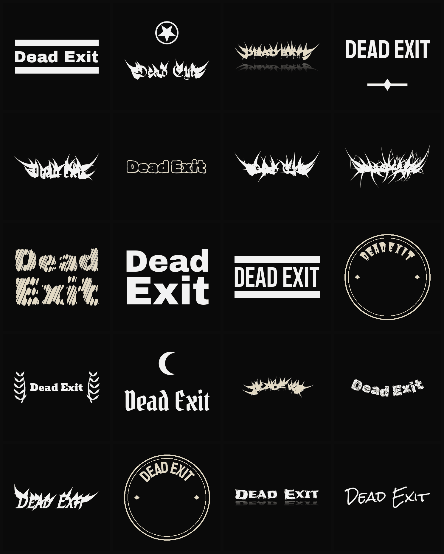 Twenty Dead Exit band logo ideas — different faces, treatments and spike settings