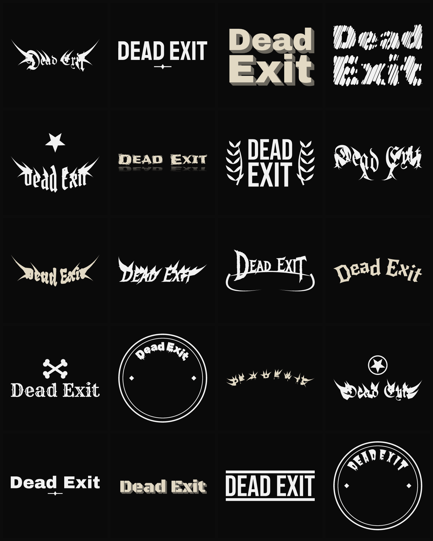 Twenty Dead Exit band logo ideas — different faces, treatments and spike settings