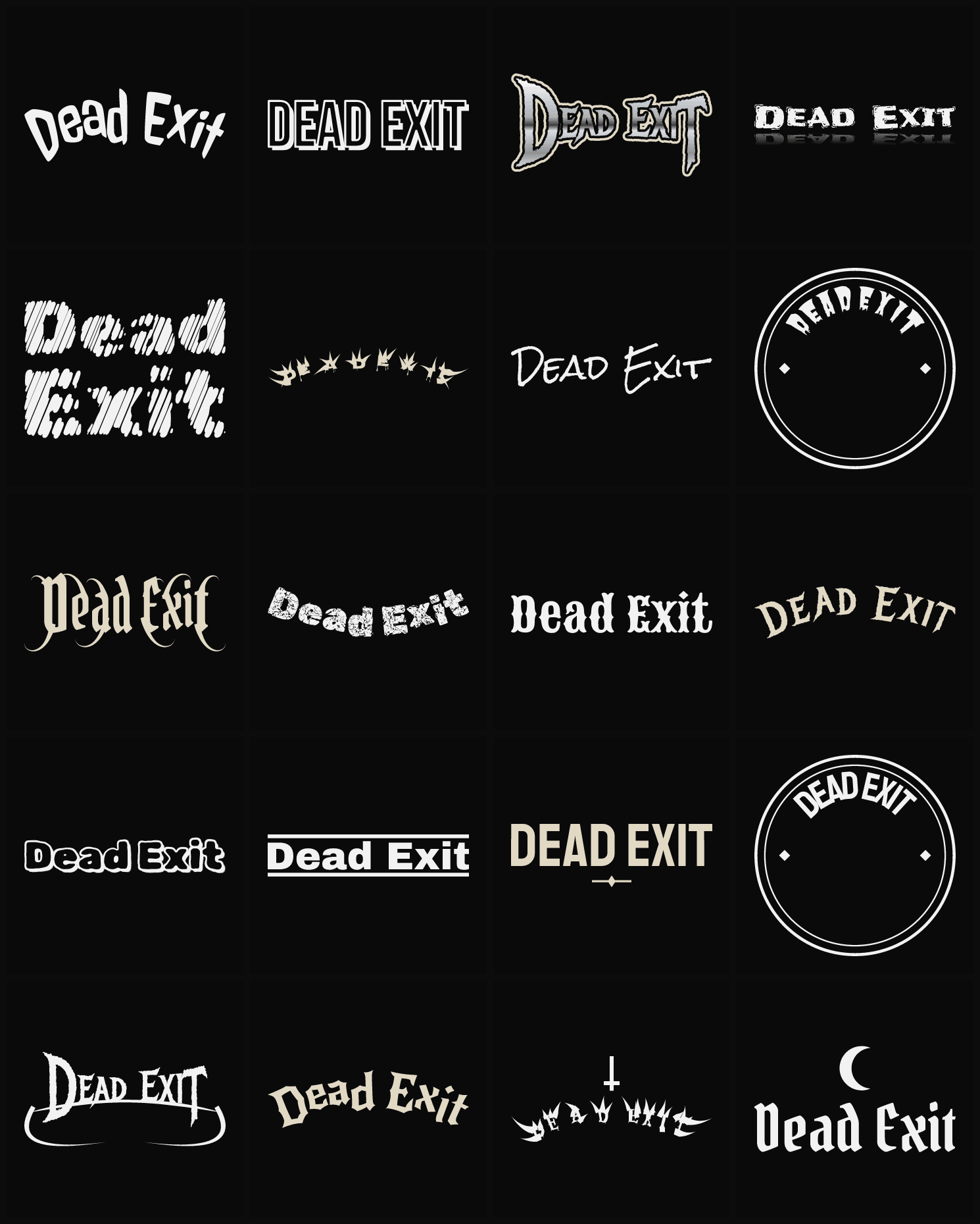 Twenty Dead Exit band logo ideas — different faces, treatments and spike settings