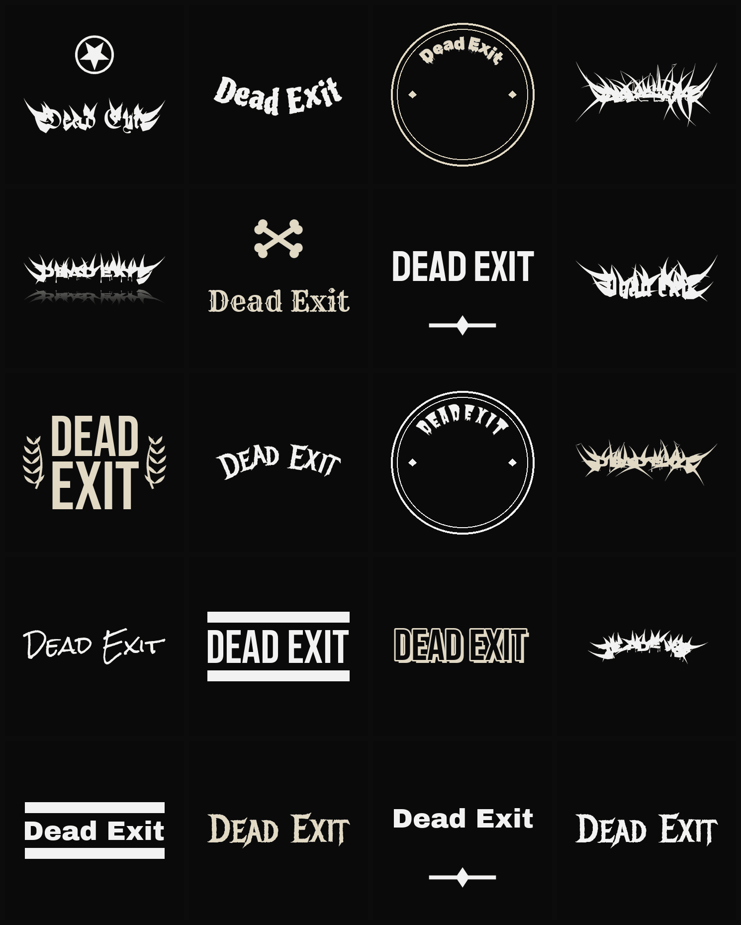 Twenty Dead Exit band logo ideas — different faces, treatments and spike settings