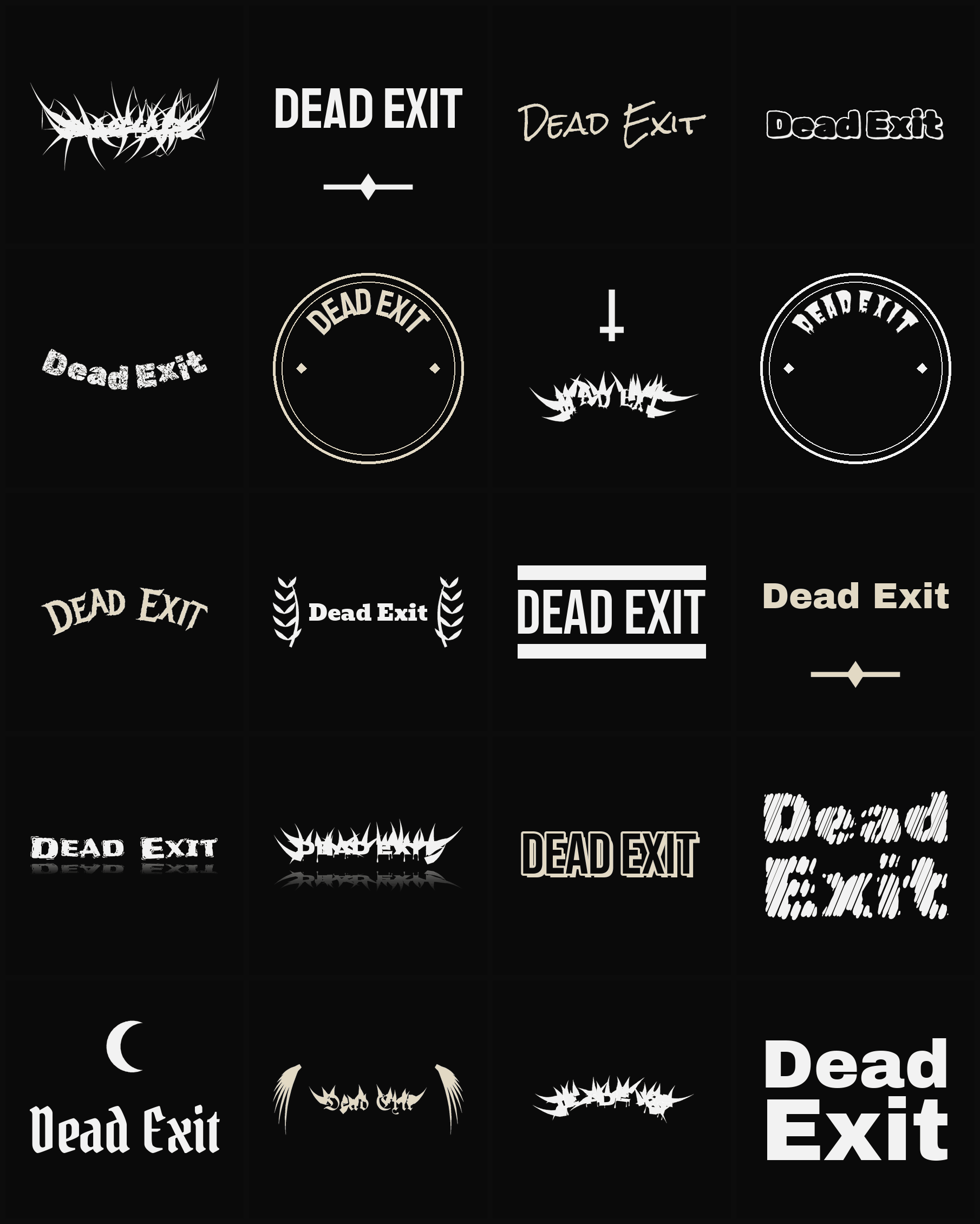 Twenty Dead Exit band logo ideas — different faces, treatments and spike settings