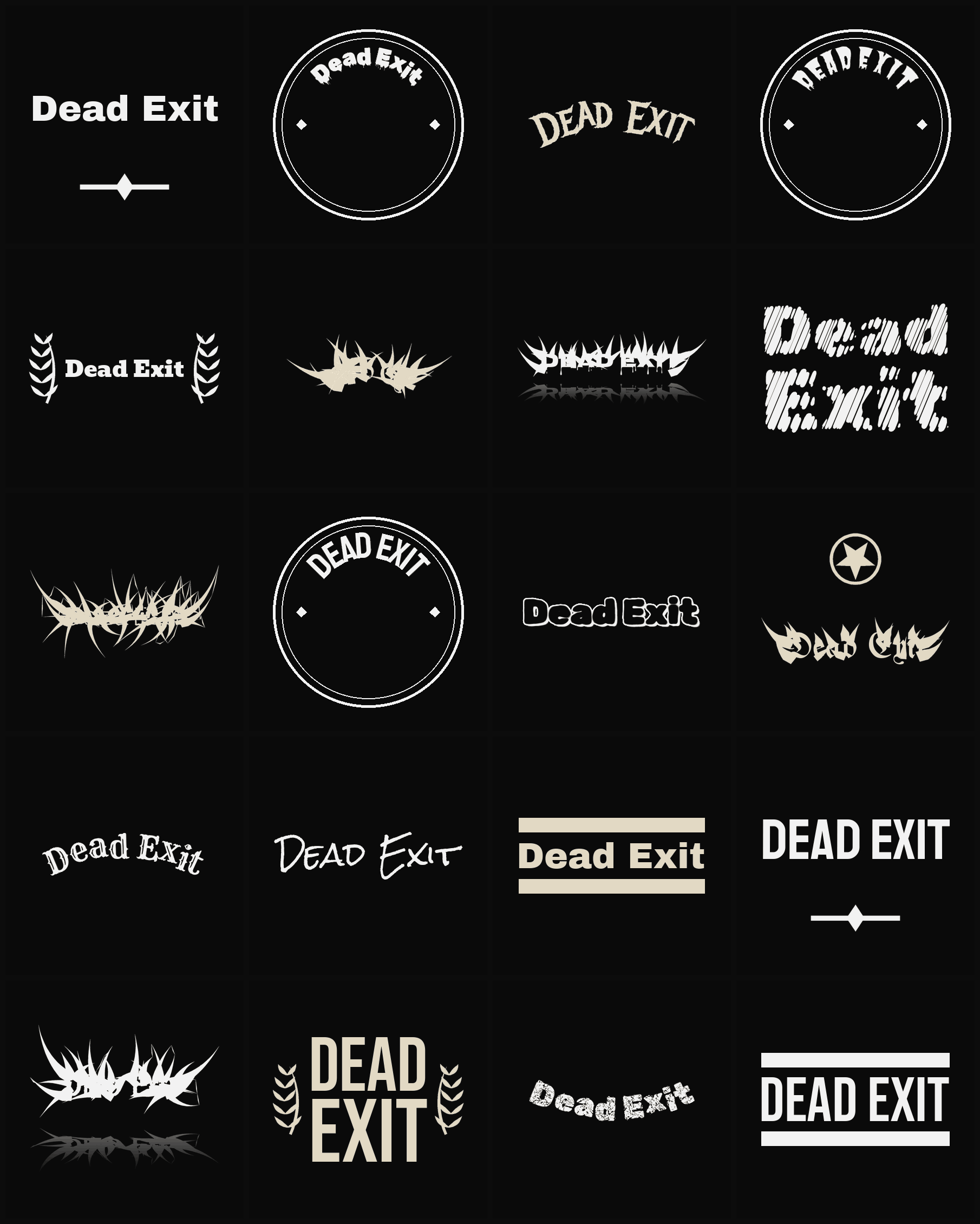 Twenty Dead Exit band logo ideas — different faces, treatments and spike settings