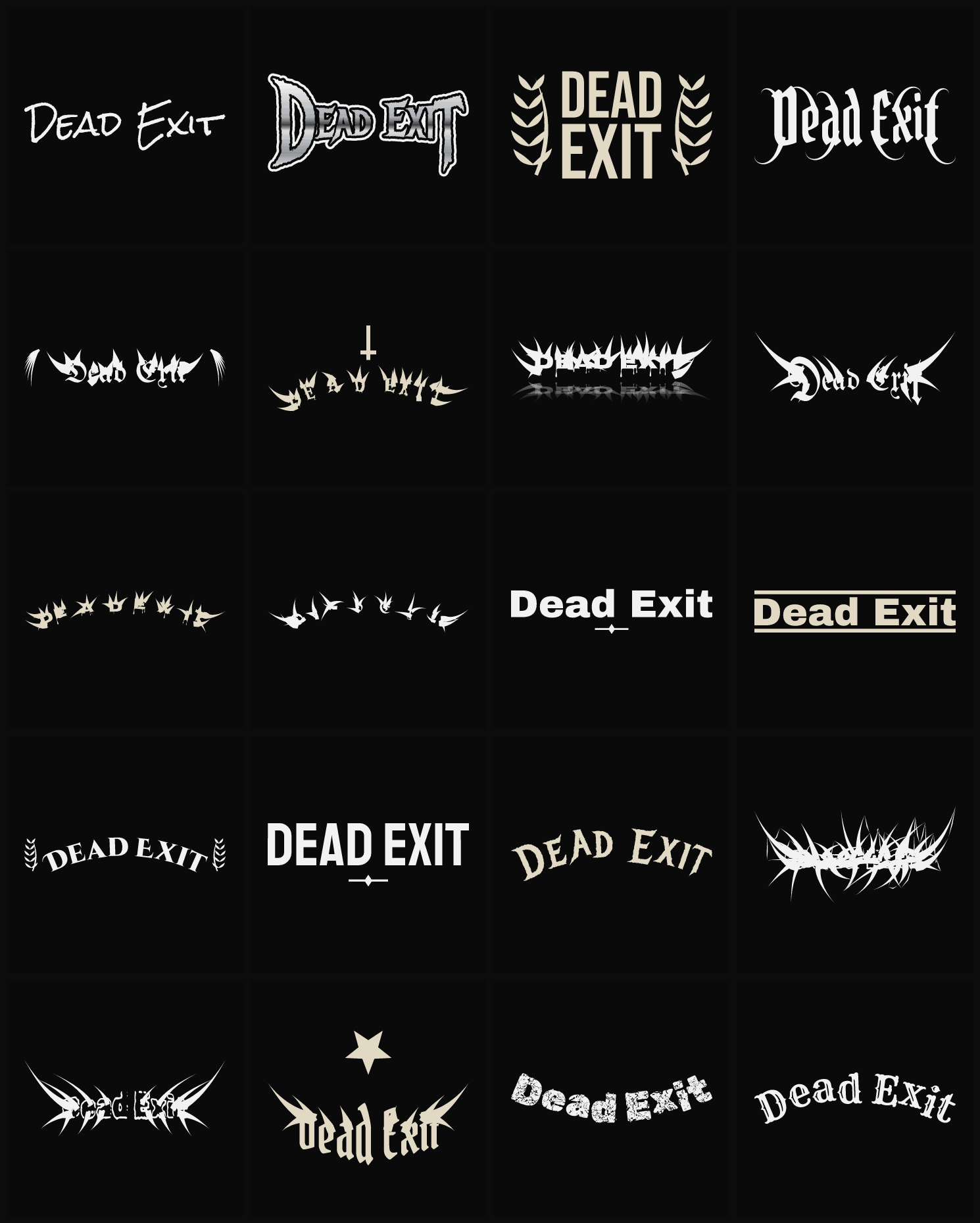 Twenty Dead Exit band logo ideas — different faces, treatments and spike settings