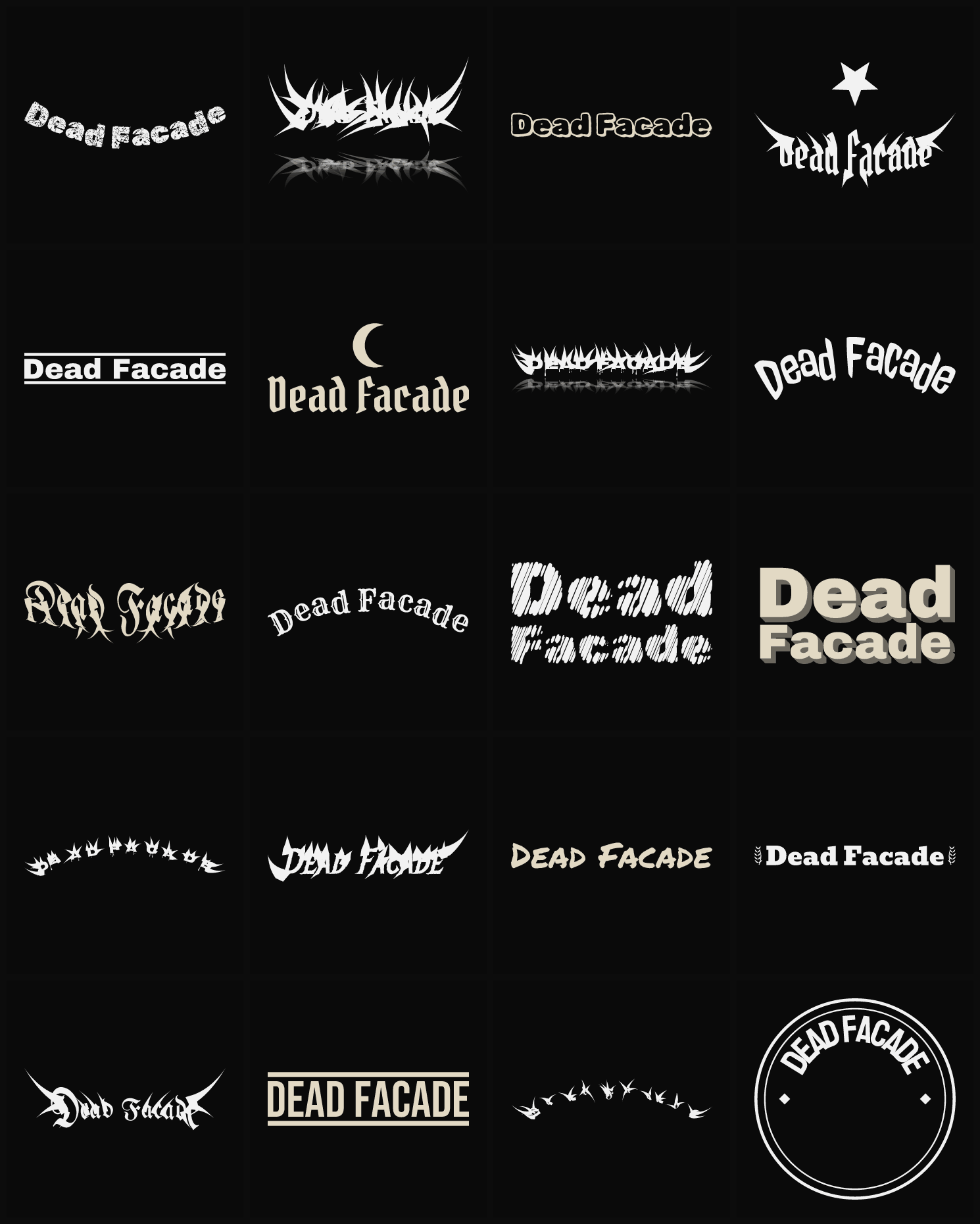 Twenty Dead Facade band logo ideas — different faces, treatments and spike settings
