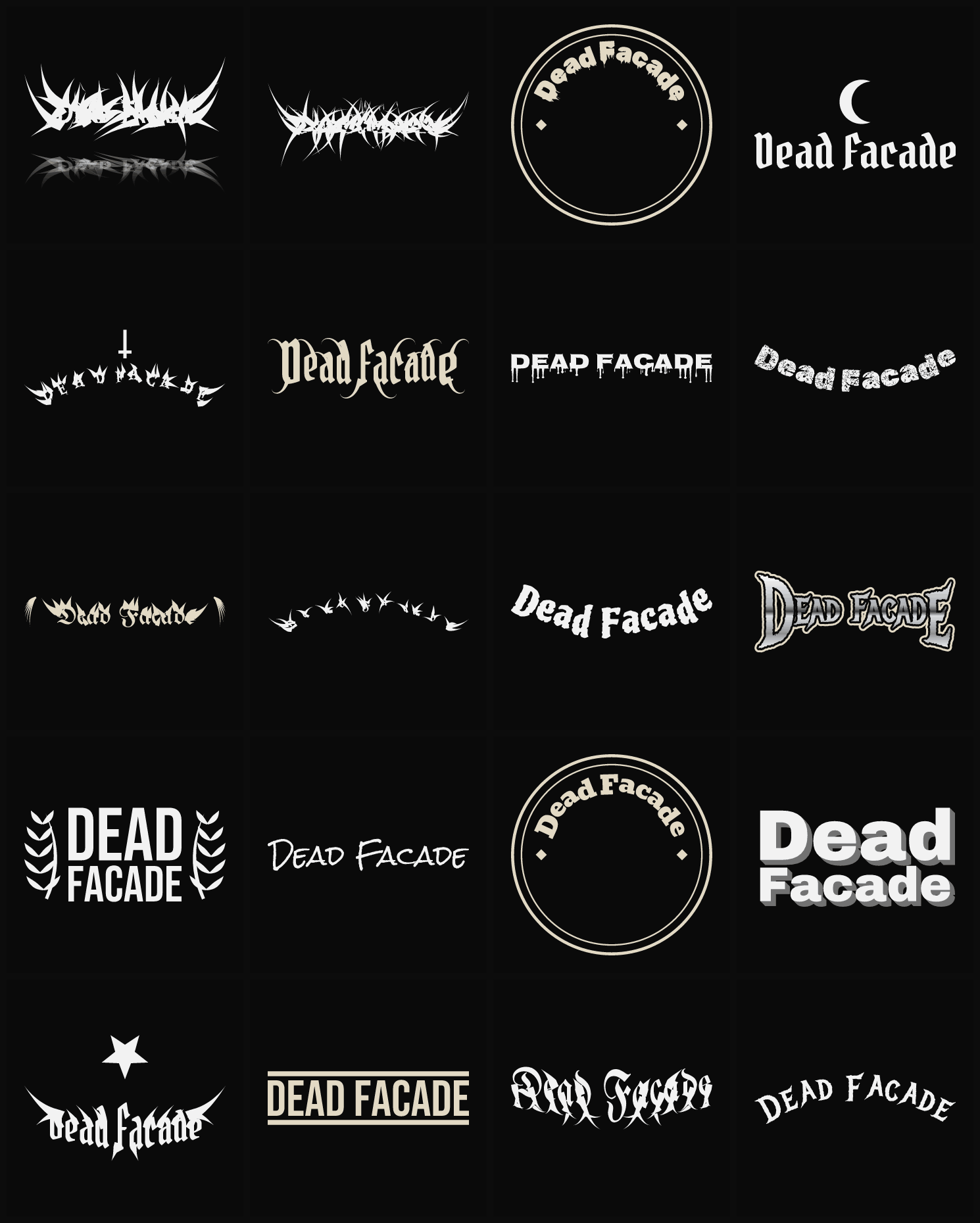 Twenty Dead Facade band logo ideas — different faces, treatments and spike settings