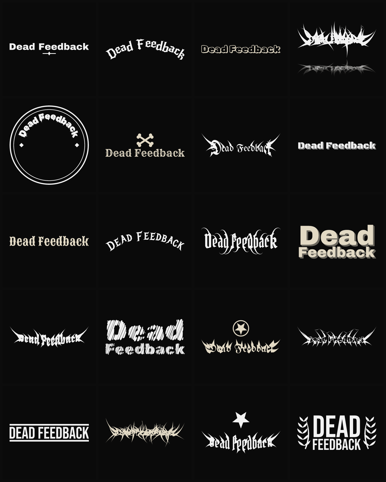 Twenty Dead Feedback band logo ideas — different faces, treatments and spike settings