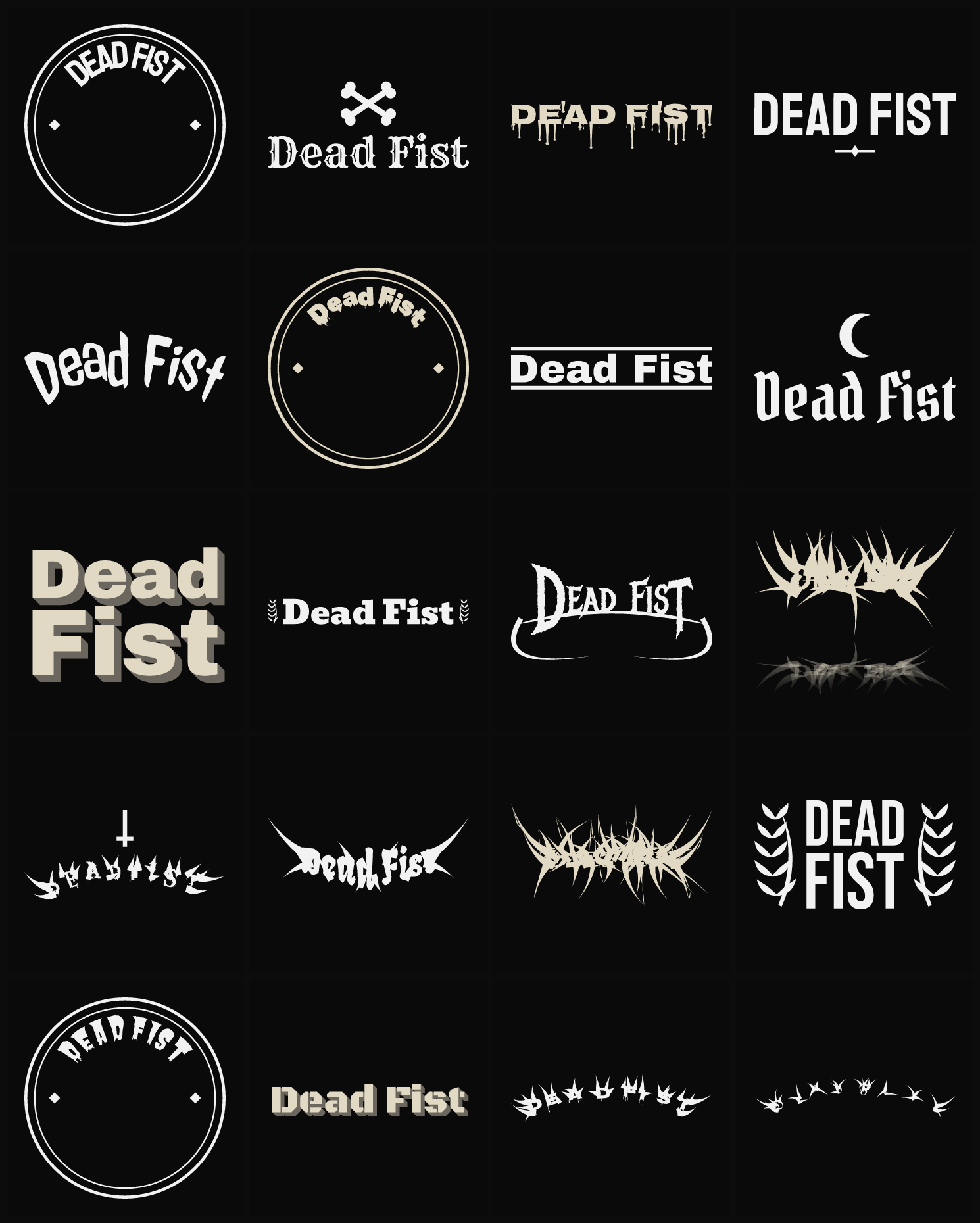 Twenty Dead Fist band logo ideas — different faces, treatments and spike settings