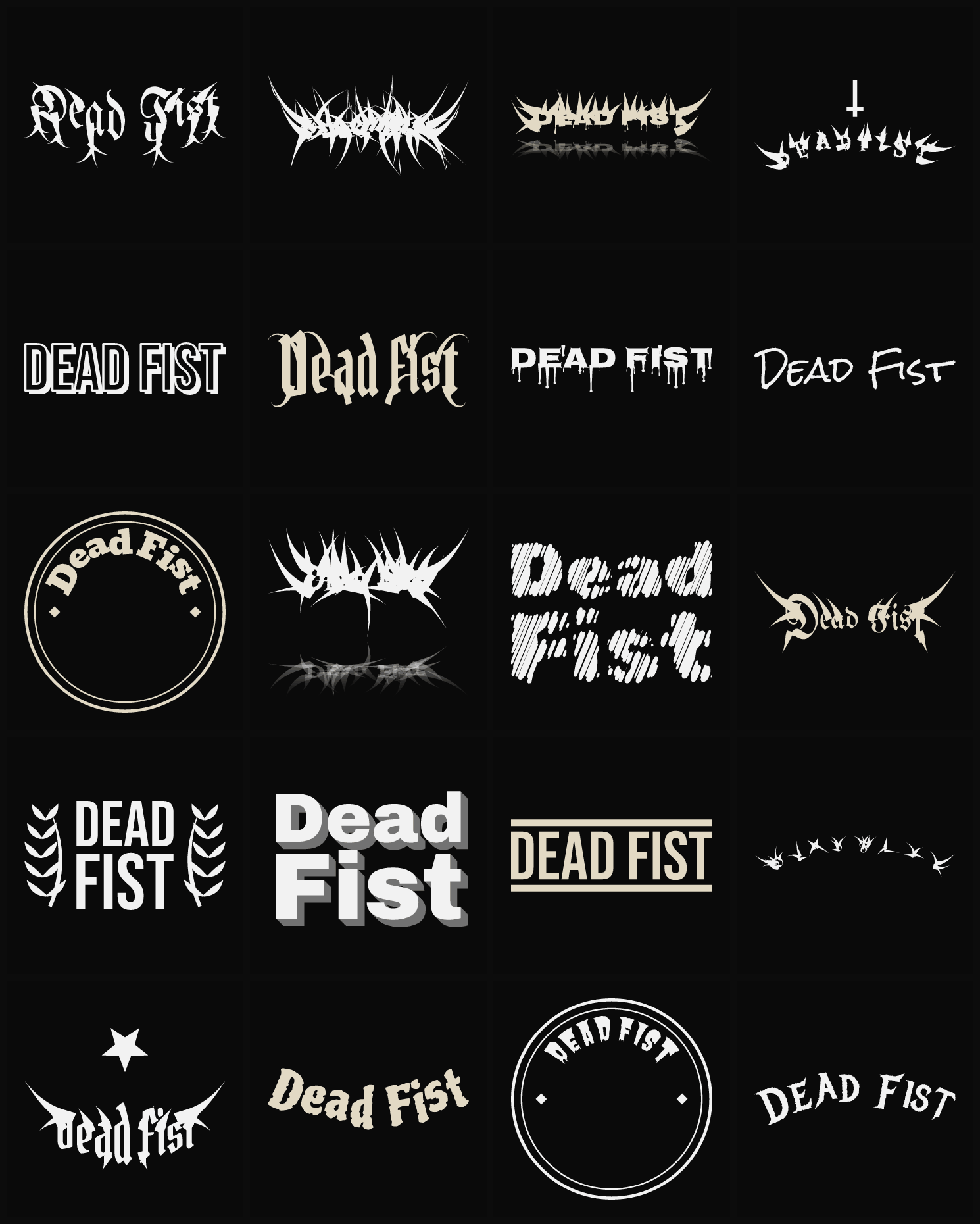 Twenty Dead Fist band logo ideas — different faces, treatments and spike settings
