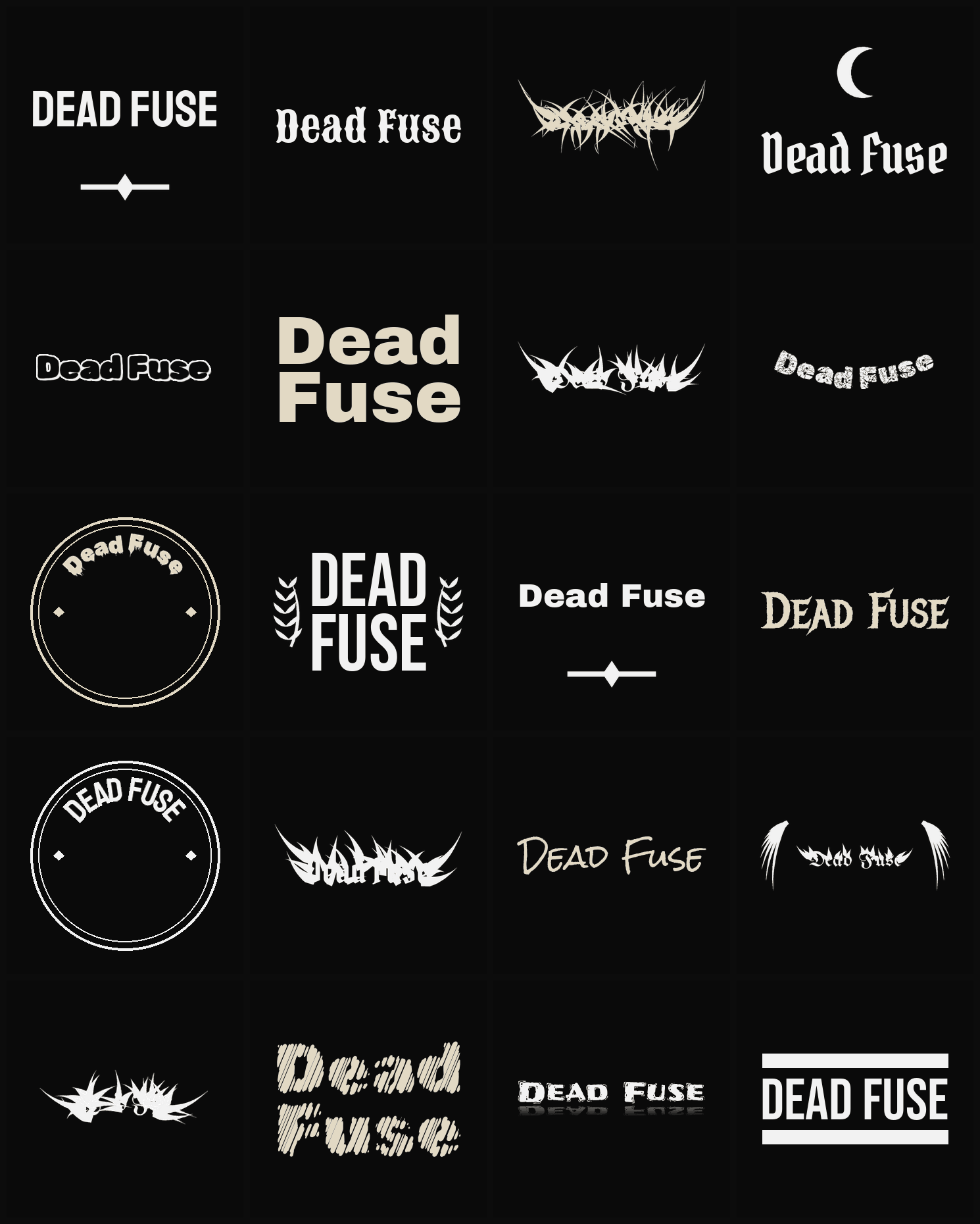 Twenty Dead Fuse band logo ideas — different faces, treatments and spike settings