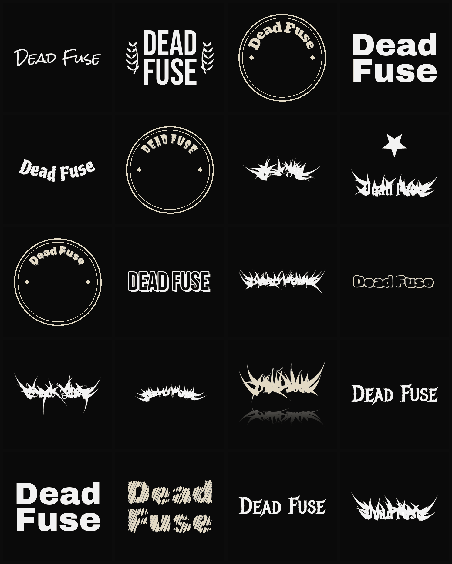 Twenty Dead Fuse band logo ideas — different faces, treatments and spike settings