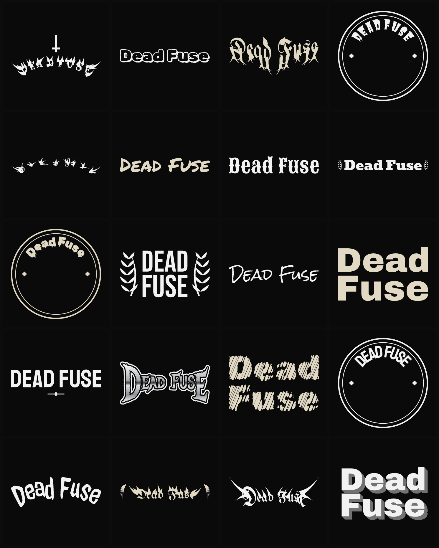 Twenty Dead Fuse band logo ideas — different faces, treatments and spike settings