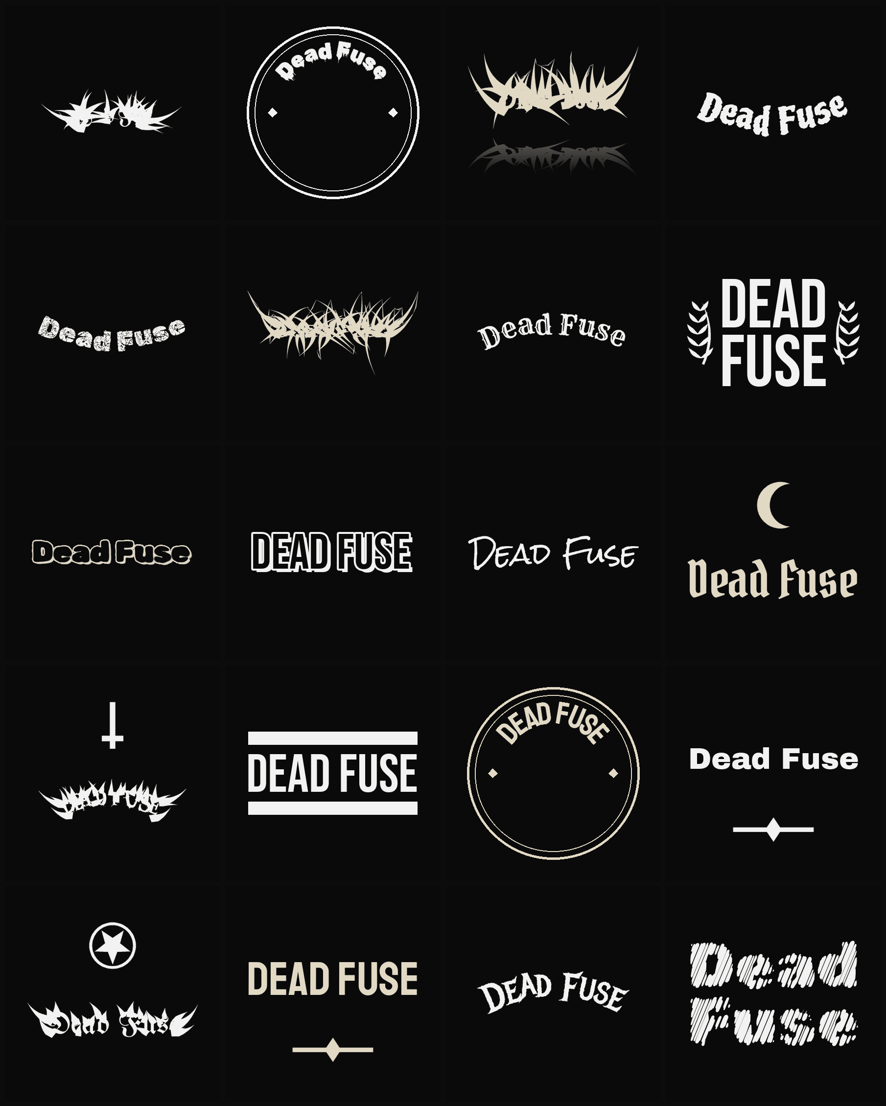 Twenty Dead Fuse band logo ideas — different faces, treatments and spike settings
