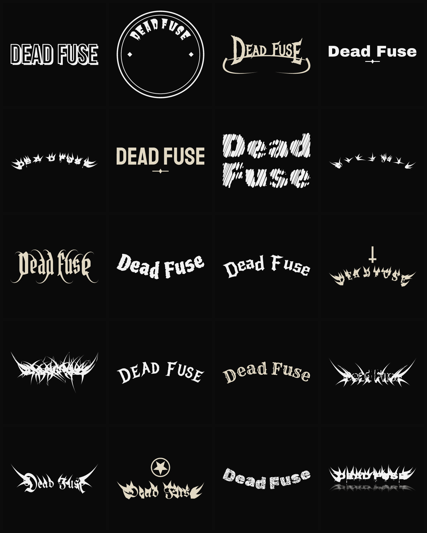 Twenty Dead Fuse band logo ideas — different faces, treatments and spike settings