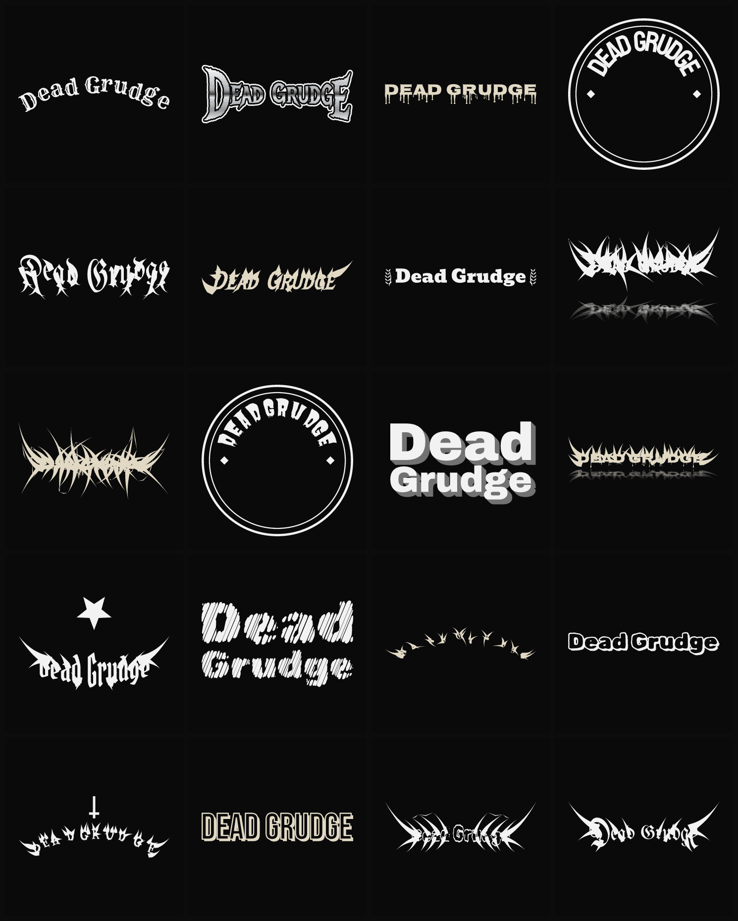 Twenty Dead Grudge band logo ideas — different faces, treatments and spike settings