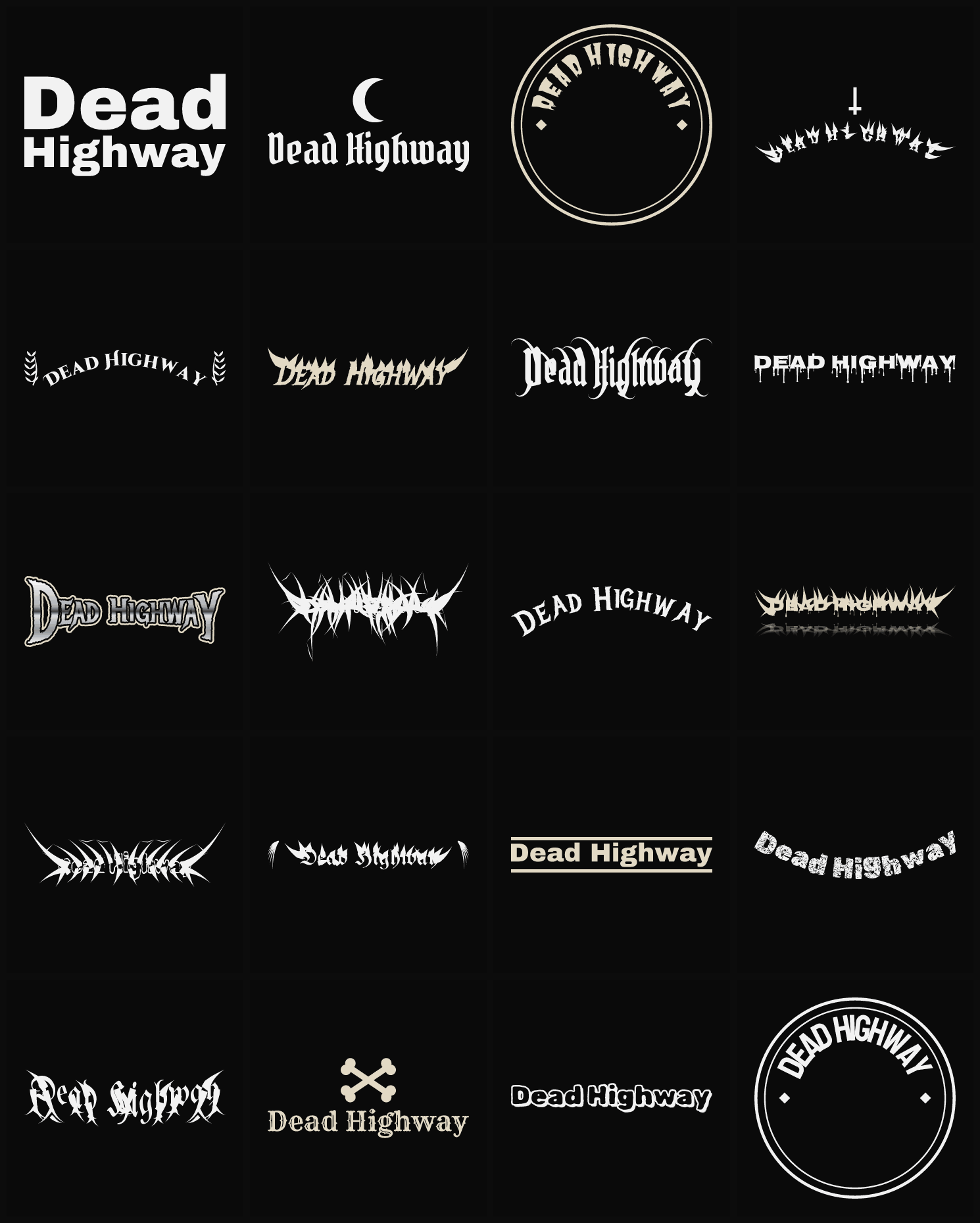 Twenty Dead Highway band logo ideas — different faces, treatments and spike settings