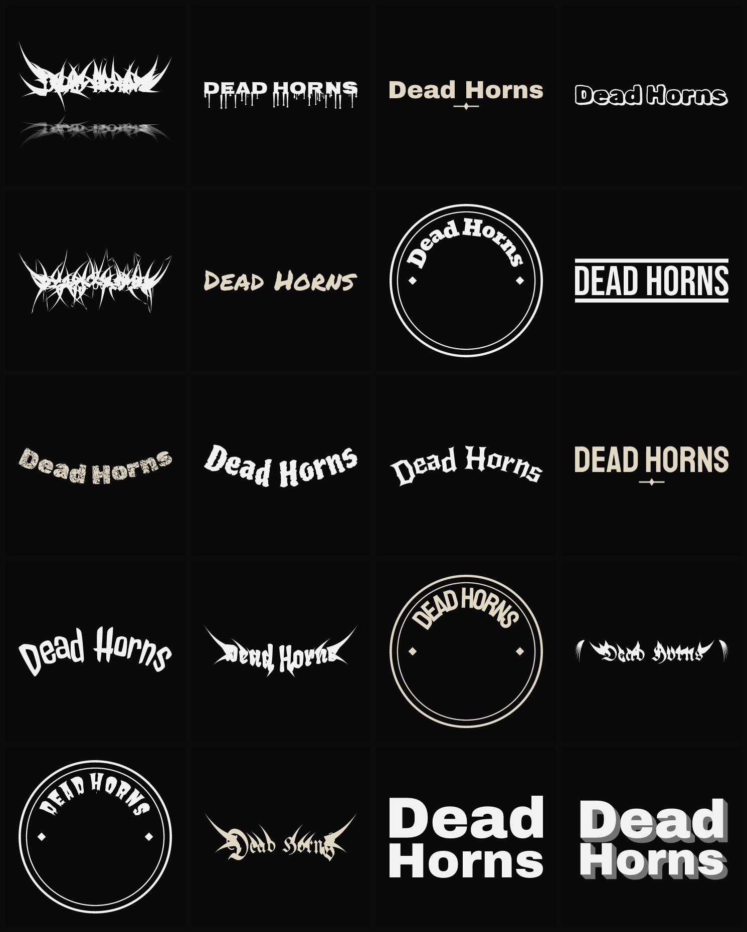 Twenty Dead Horns band logo ideas — different faces, treatments and spike settings