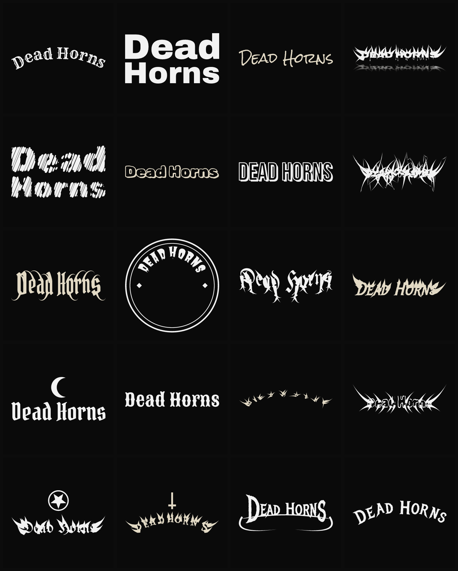 Twenty Dead Horns band logo ideas — different faces, treatments and spike settings