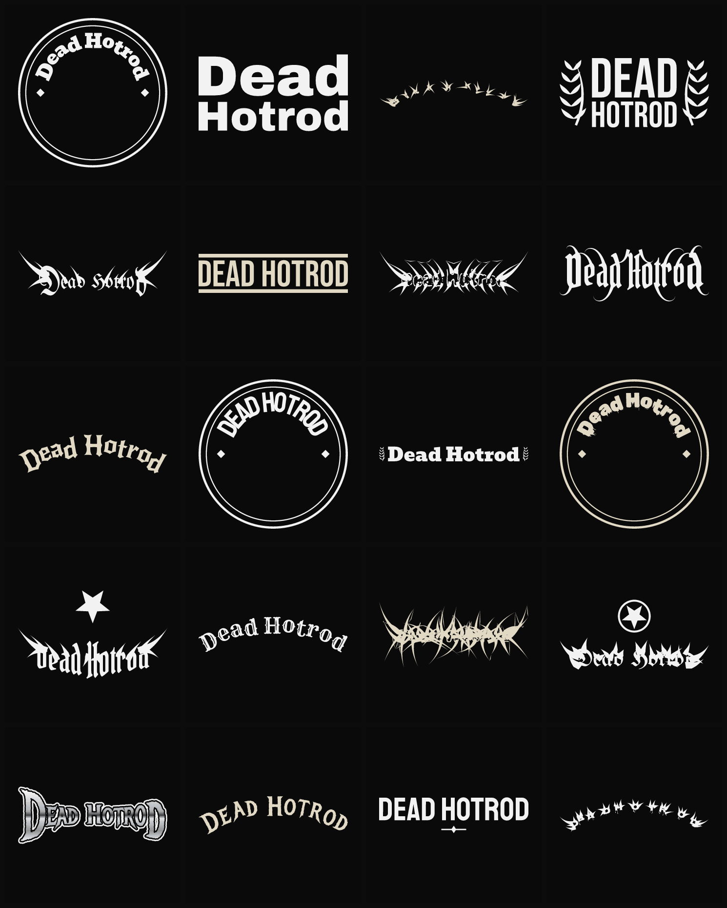 Twenty Dead Hotrod band logo ideas — different faces, treatments and spike settings
