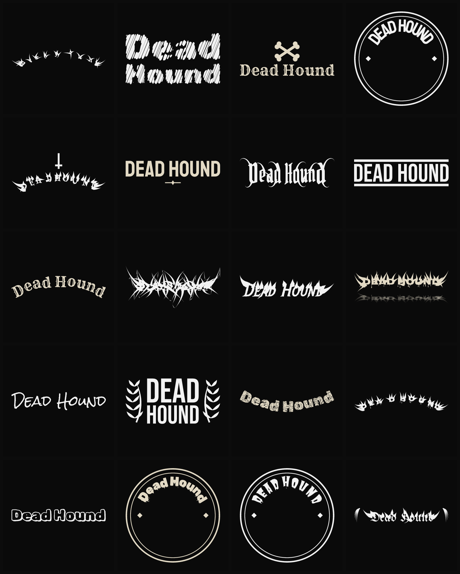 Twenty Dead Hound band logo ideas — different faces, treatments and spike settings