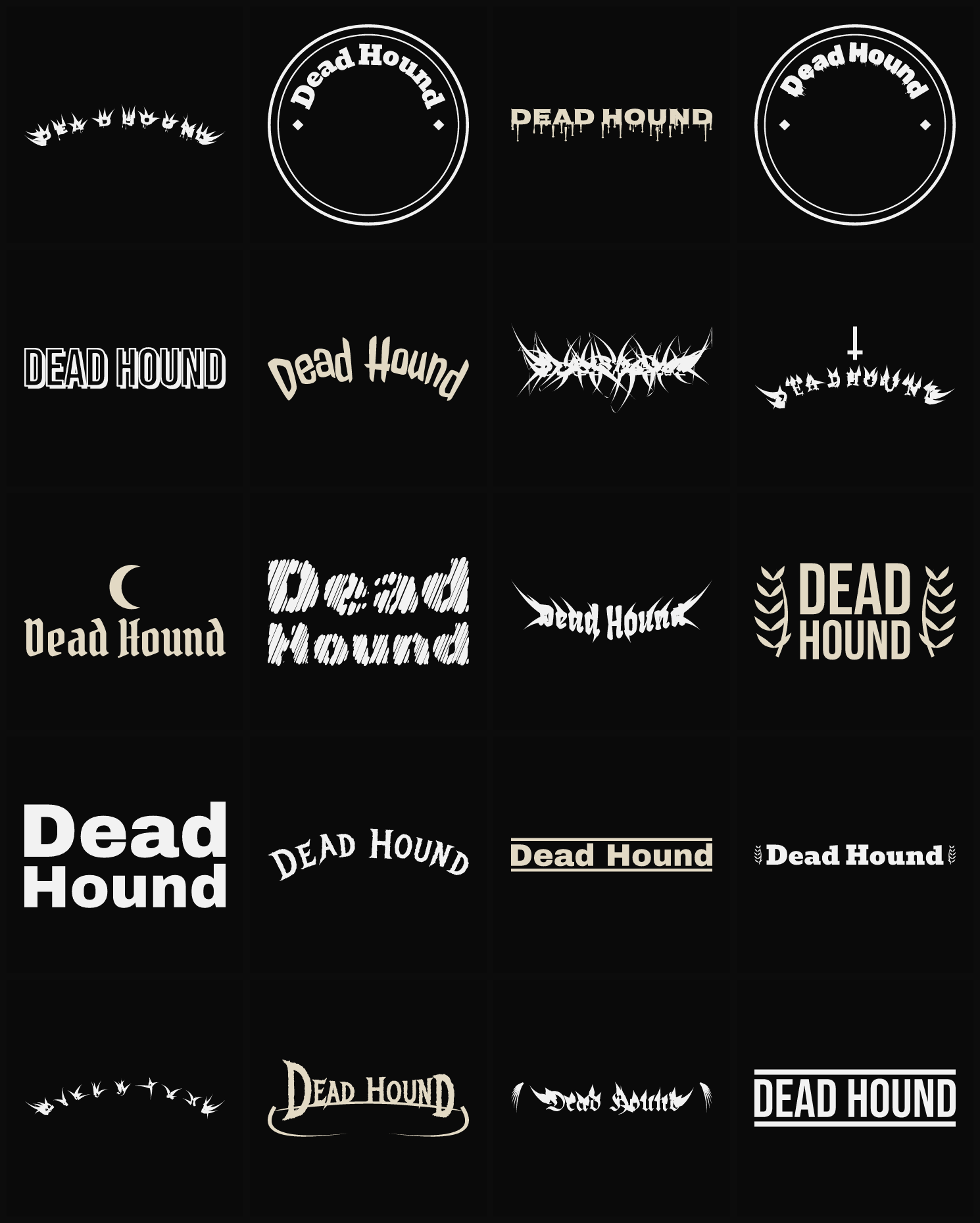 Twenty Dead Hound band logo ideas — different faces, treatments and spike settings