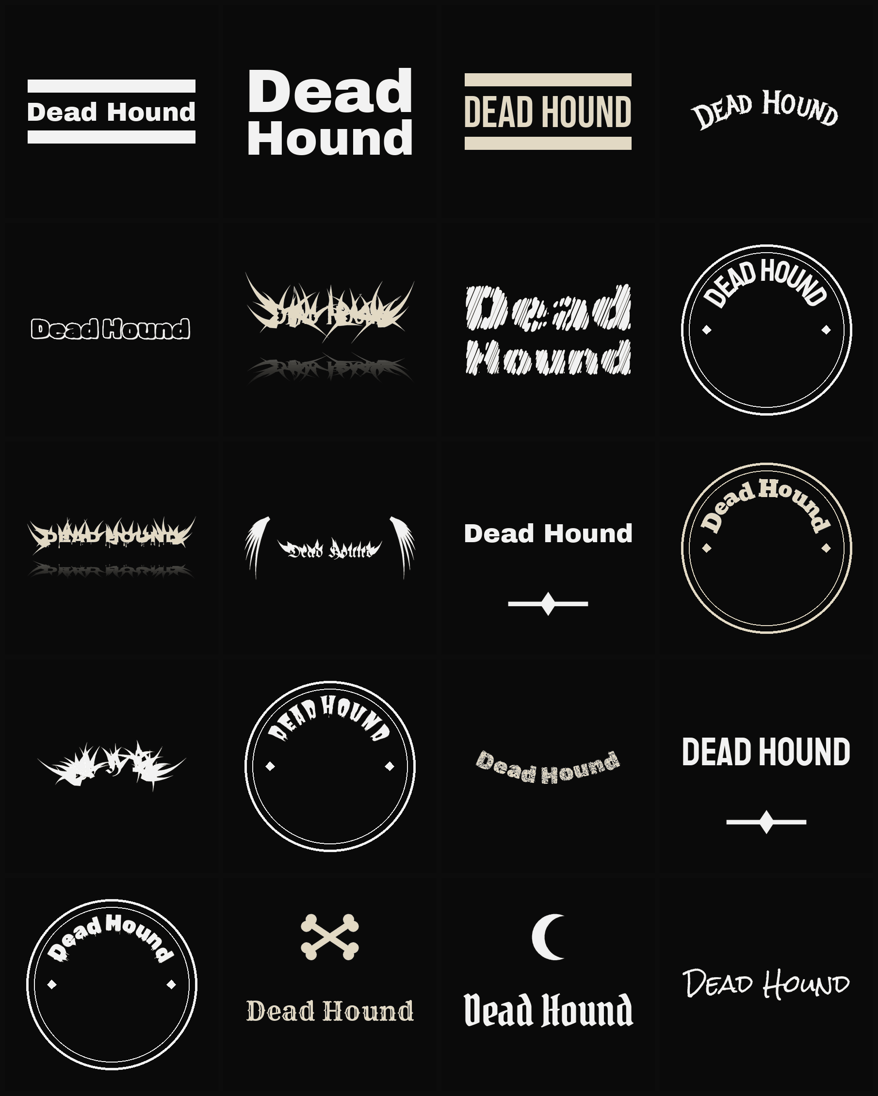 Twenty Dead Hound band logo ideas — different faces, treatments and spike settings