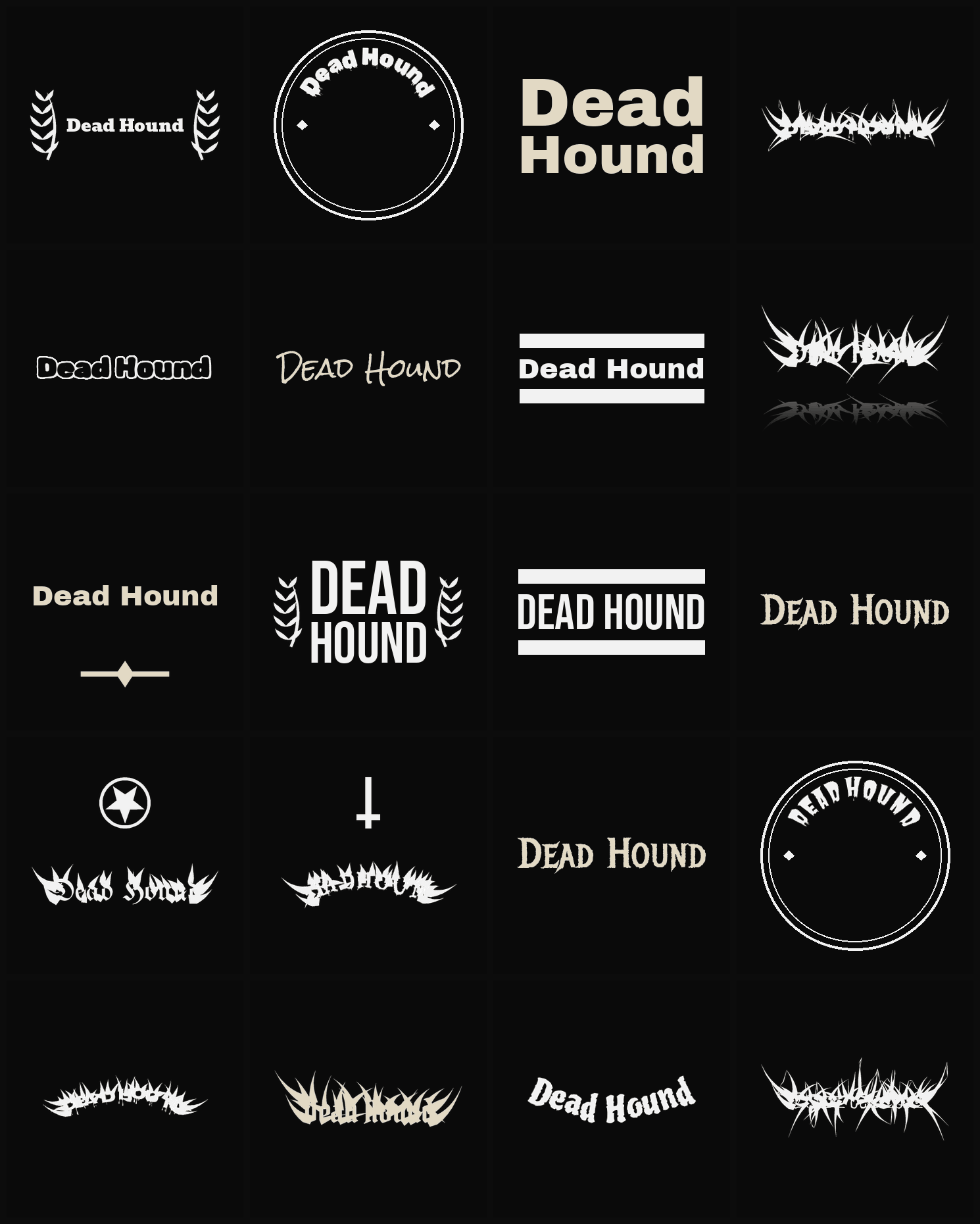 Twenty Dead Hound band logo ideas — different faces, treatments and spike settings