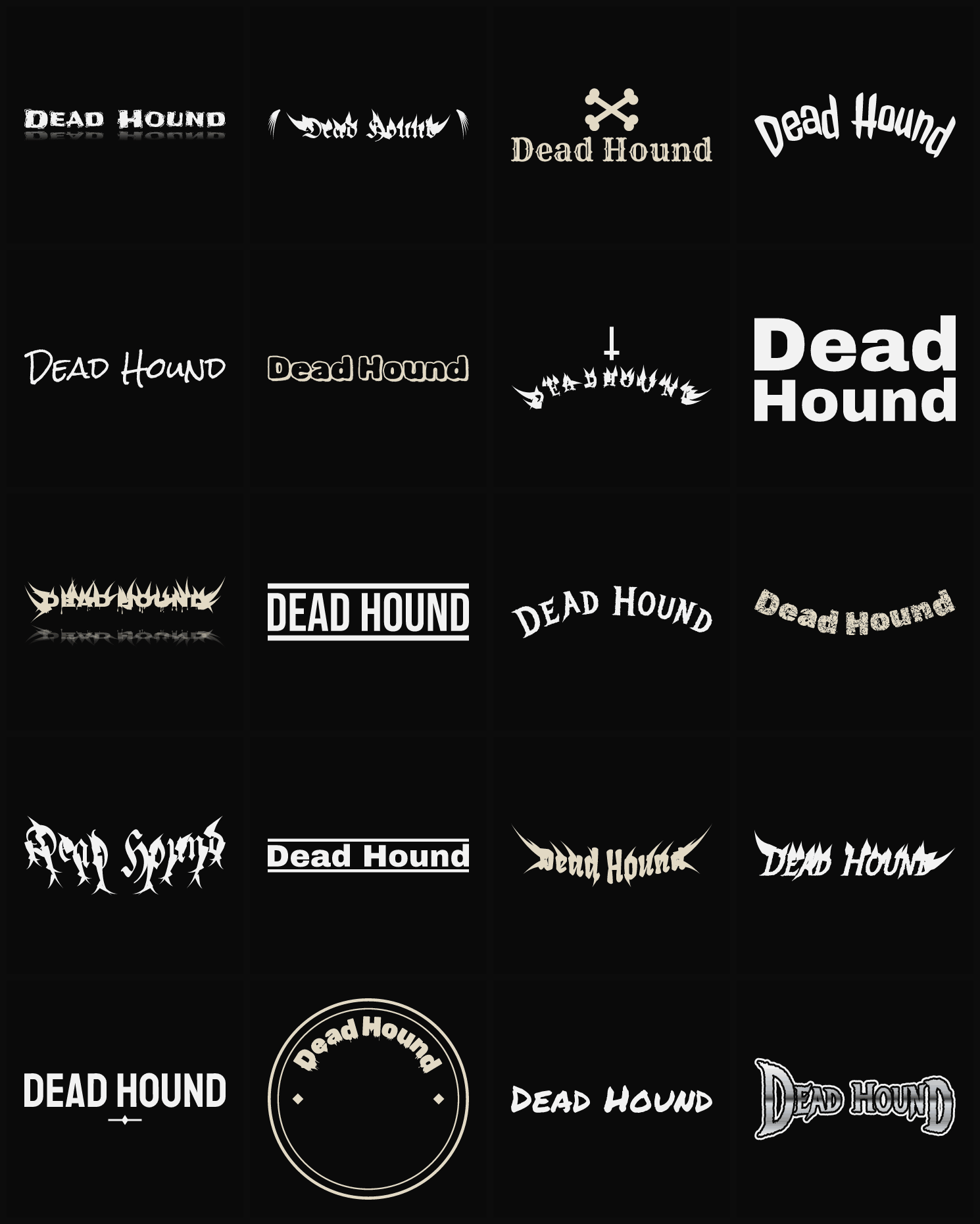 Twenty Dead Hound band logo ideas — different faces, treatments and spike settings
